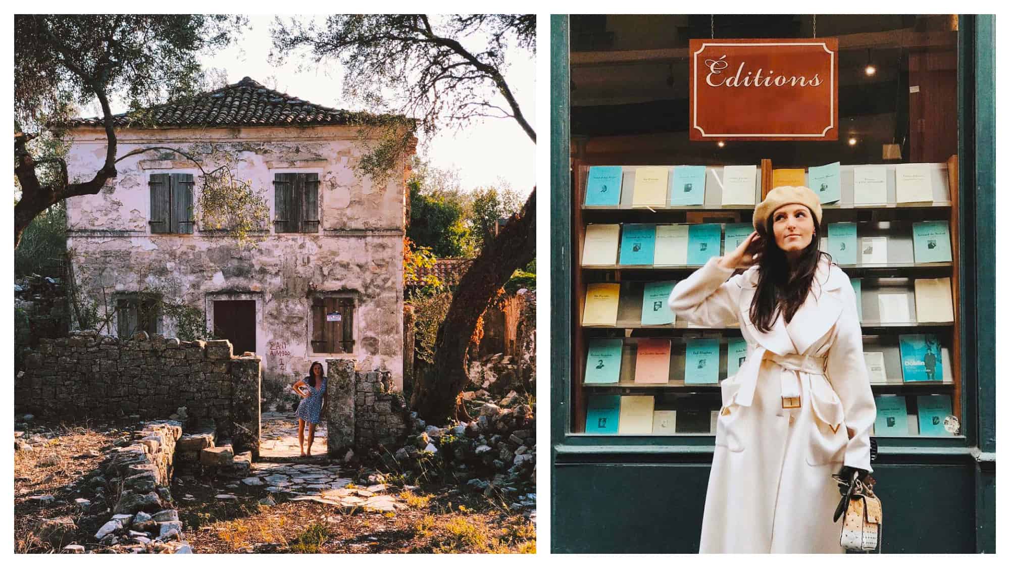 Left: Vanessa Grall, aka Messy Nessy, wears a blue dress and stands in front of an old house in the French countryside, Right: Vanessa Grall, aka Messy Nessy, wears a white coat and off-white hand, standing in front of a display of books in Paris.