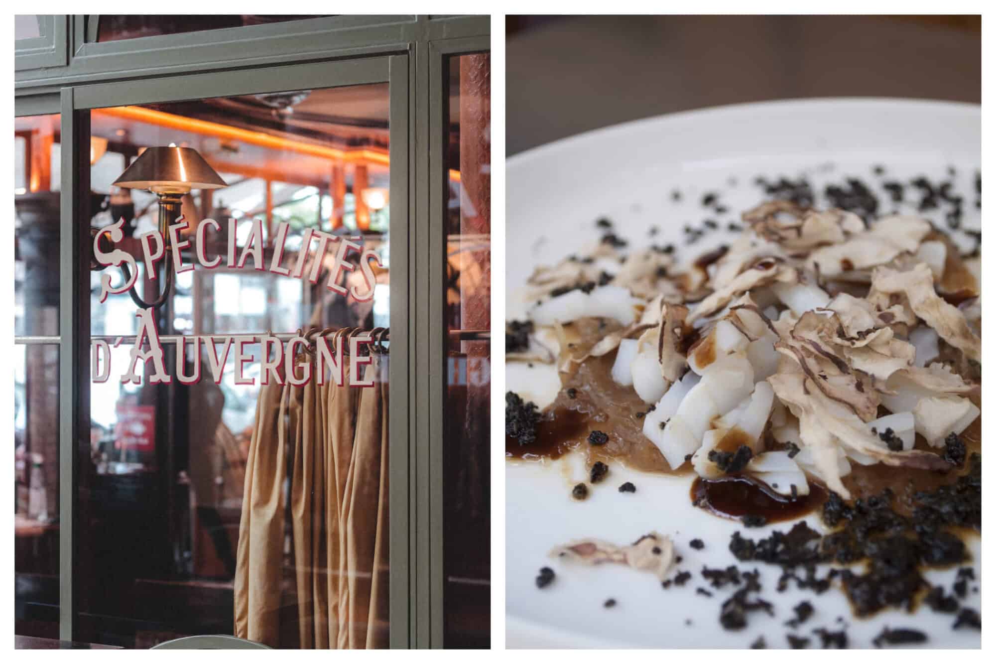 Left: "Spécialités d'Auvergne" is written in red and white paint on the glass window of a restaurant in Paris, Right: An array of mushrooms, sauces and seasonings lays on a white plate