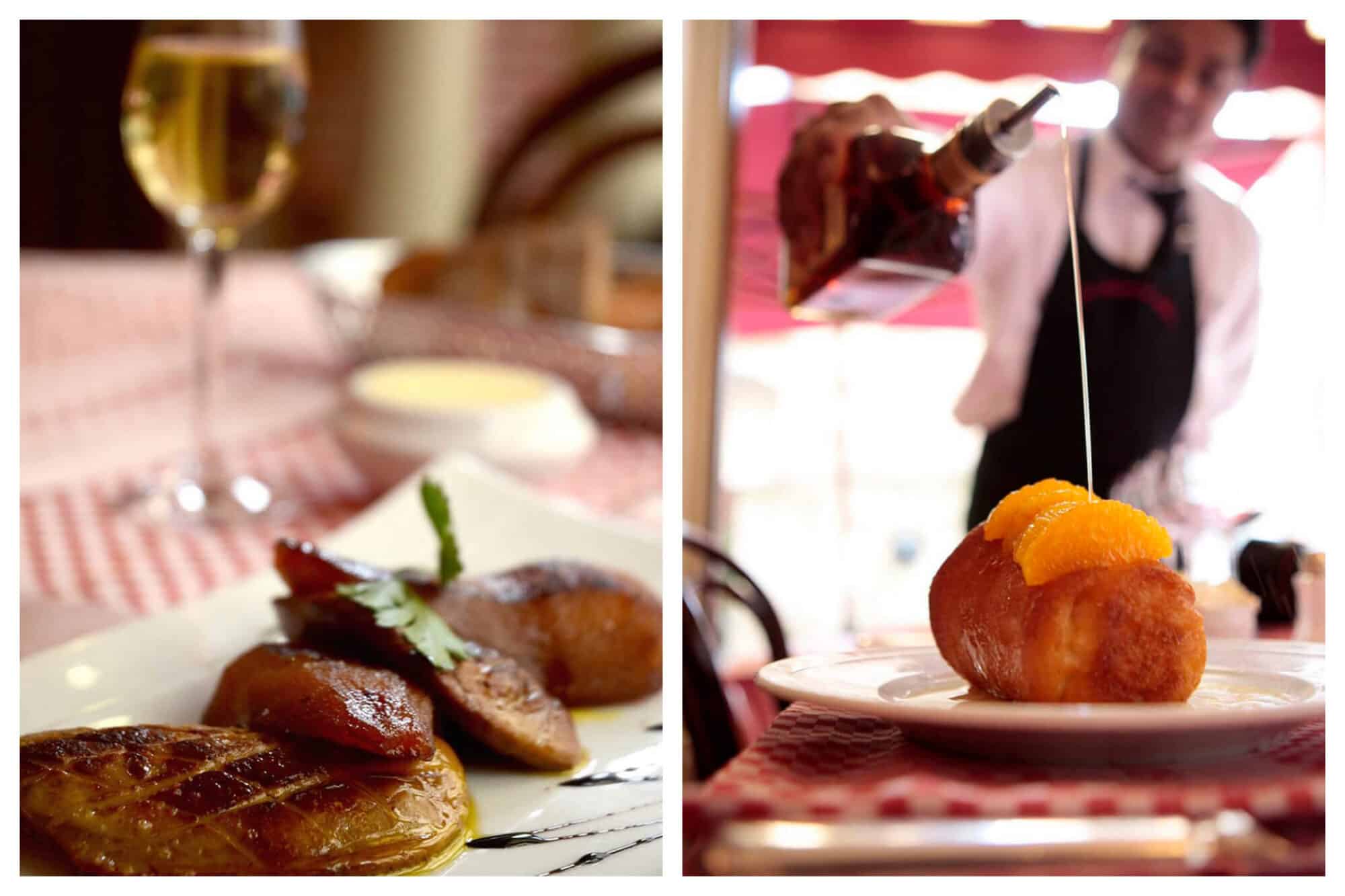 Left: A plate of duck sits in the forefront, with a checkered cloth and glass of white wine in the background, Right: A waiter pours a jar of liquid on a dish at La Fontaine de Mars in Paris