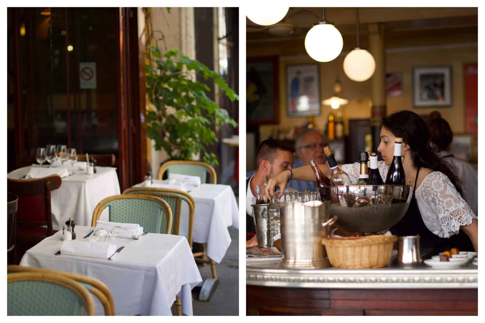 Left: Empty bistro tables and chairs sit on a bistro terrace in Paris, Right: A waitress grabs a carafe d'eau from behind the bar of a restaurant in Paris.