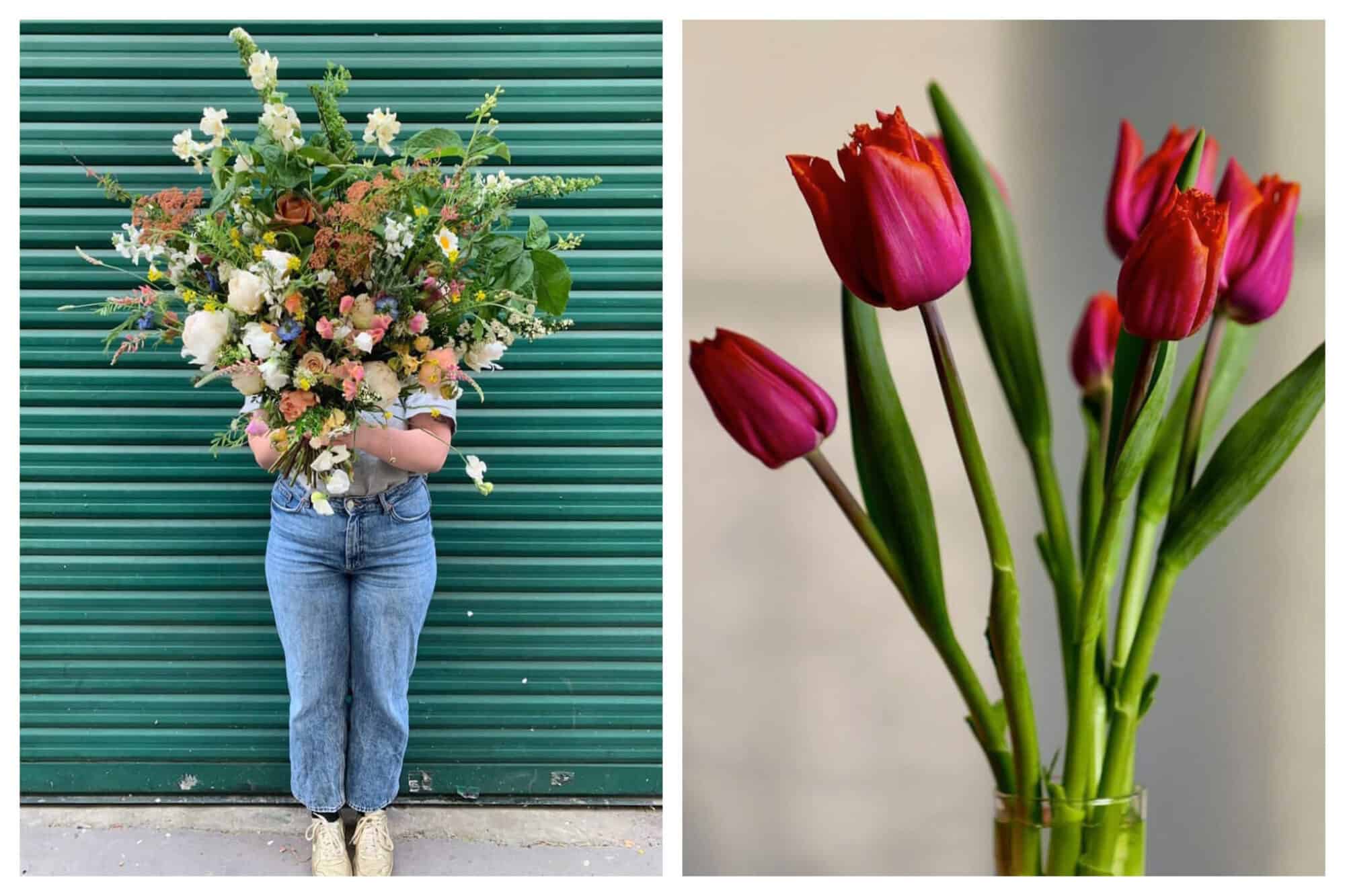 Left: A woman stands in front of a green wall while holding a large, beautiful bouquet of fresh flowers, Right: Beautiful bright pink tulips from Ferme Florale stand up in a clear vase. 