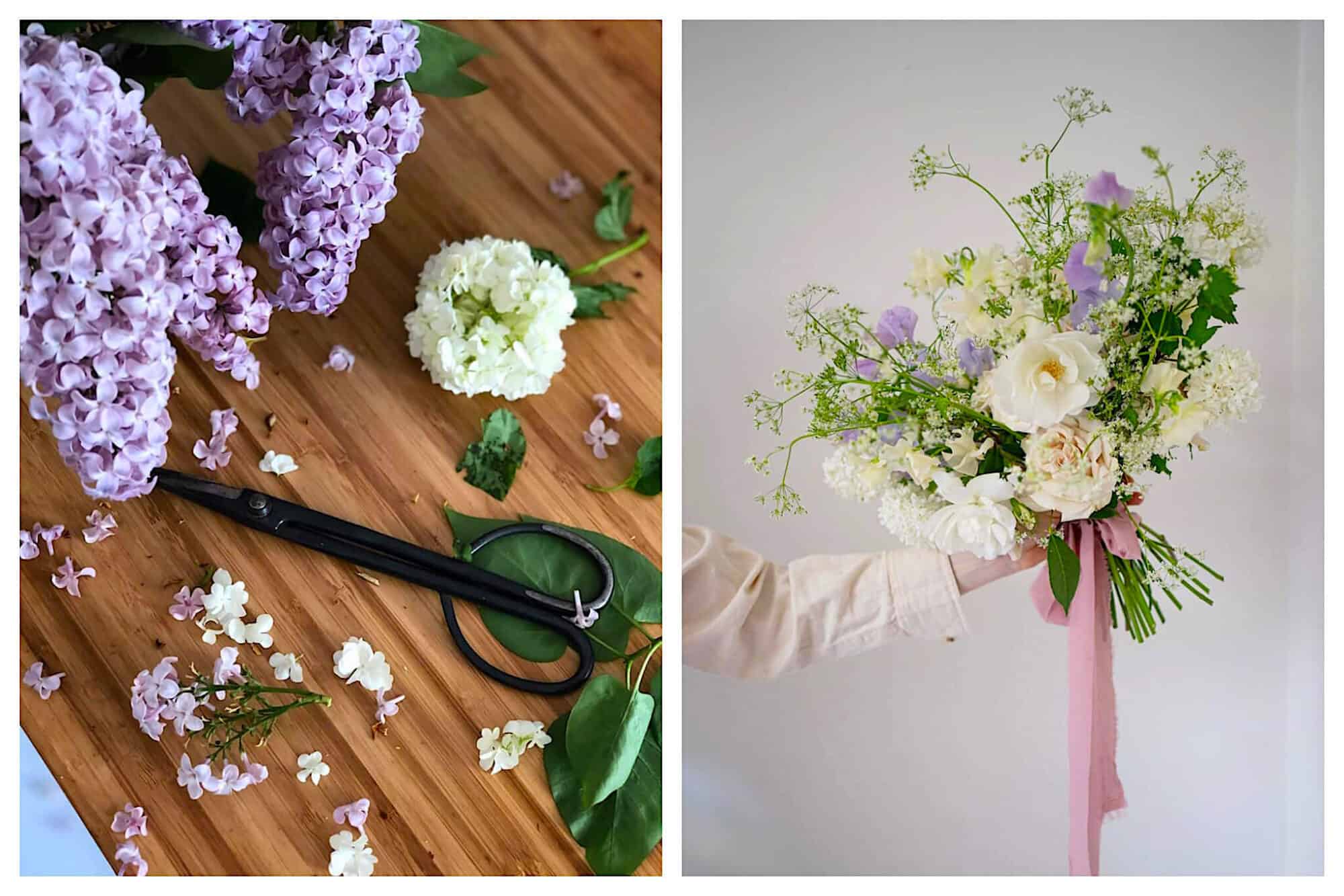 Left: A pair of scissors lays next to stems of purple and white hydrangea's ready to be made into a bouquet at PEONIES, Right: A woman holds a beautiful bouquet of white, purple and green flowers tied with a pink ribbon from PEONIES.  