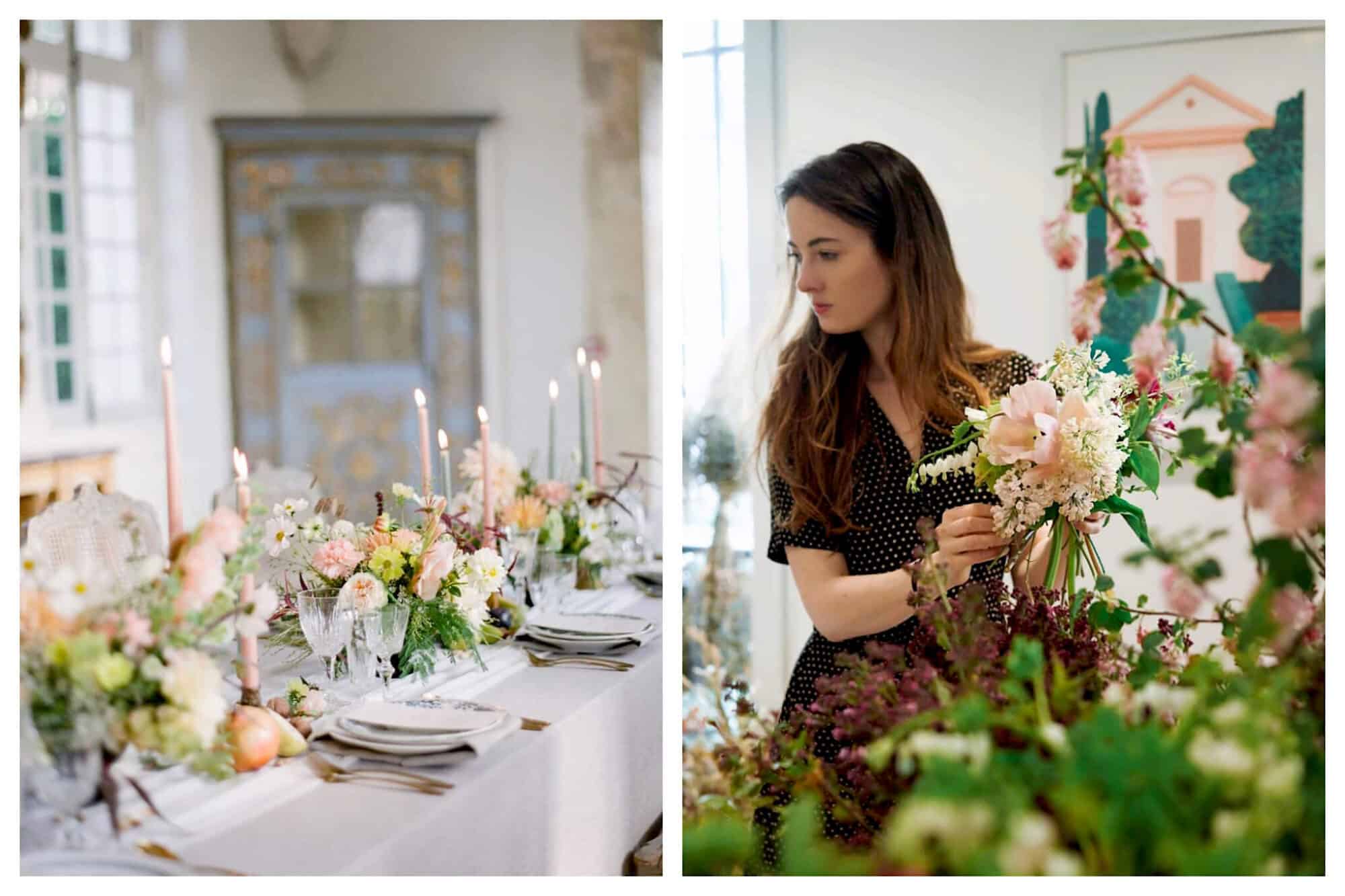 Left: A table is set for a meal, decorated with candles and beautiful fresh flowers from PEONIES, Right: Clémentine Lévy, owner of flower shop and café PEONIES, holds a bouquet of flowers while standing amongst more flowers. 