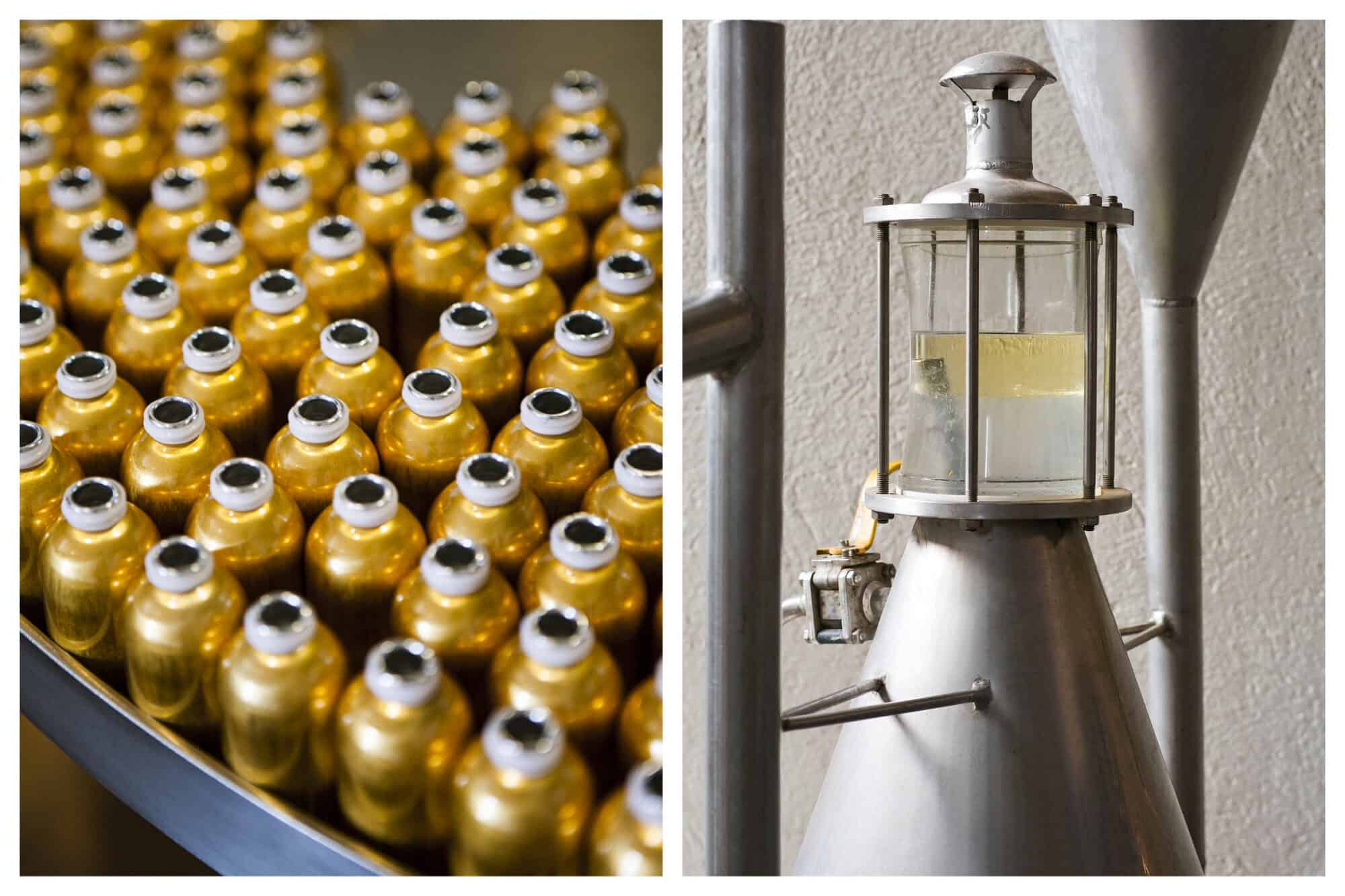 Left: Shiny golden bottles are lined up next to each other on a conveyor belt in the Fragonard factory, ready to be filled with perfume, Right: A clear machine distills fragrances, gold in color, that will be used to make perfume
