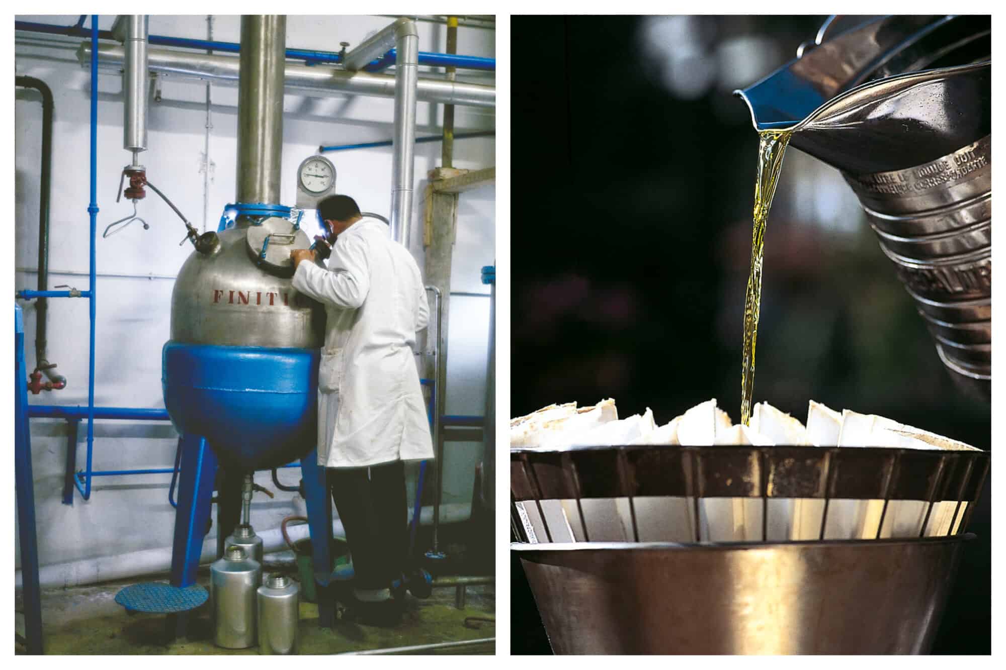 Left: A man in the Fragonard perfume factory works on a machine to extract scents from various flowers and items, Right: Perfume, Bright and golden, is poured into a strainer to be filtered