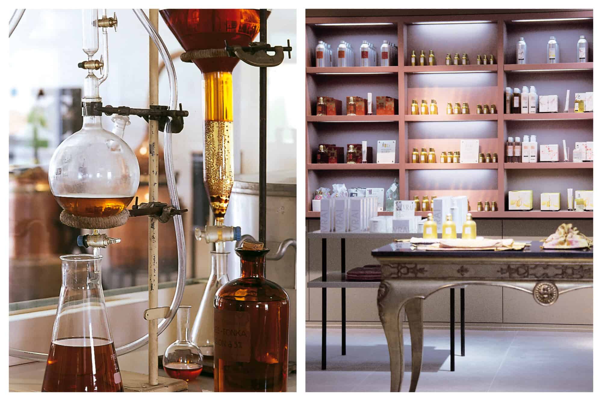 Fragrances are distilled in glass beakers in the Fragonard perfume factory, Right: Various Fragonard perfumes and products line the shelves and tables of a Fragonard store