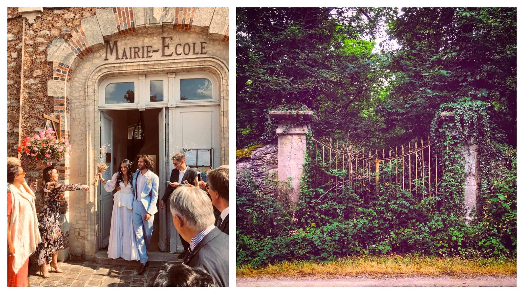 Left: Vanessa Grall, aka Messy Nessy, and her husband at the Mairie on their wedding day, Right: A gate that is overgrown with lush green shrubbery from Messy Nessy's Instagram account