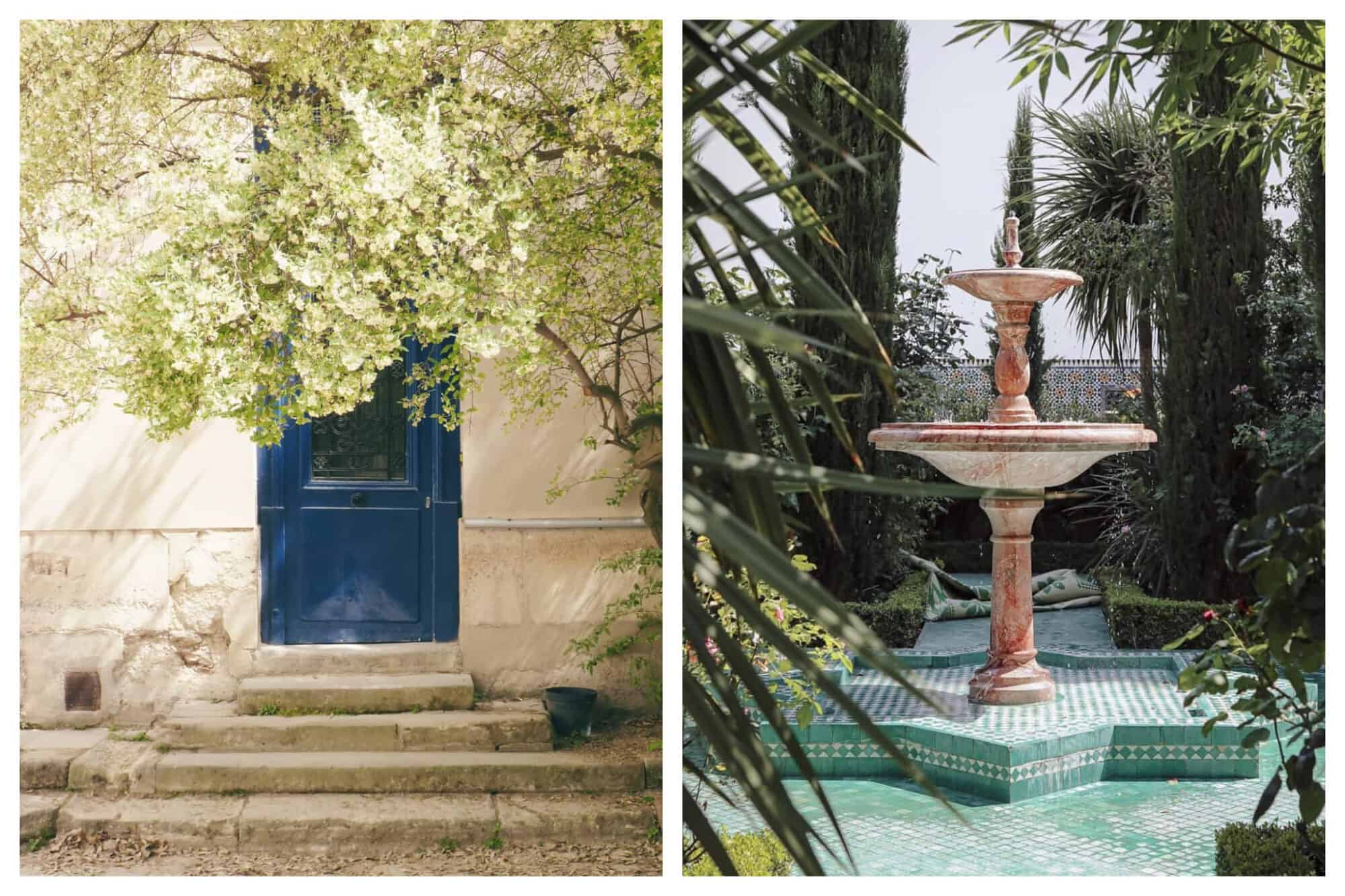 Left: A beautiful tree shades a blue door at the Jardin de Plantes in Paris' left bank on a sunny day, Right: A fountain sits atop blue and white tiles and between plants at thebeautiful Grande Mosquée de Paris