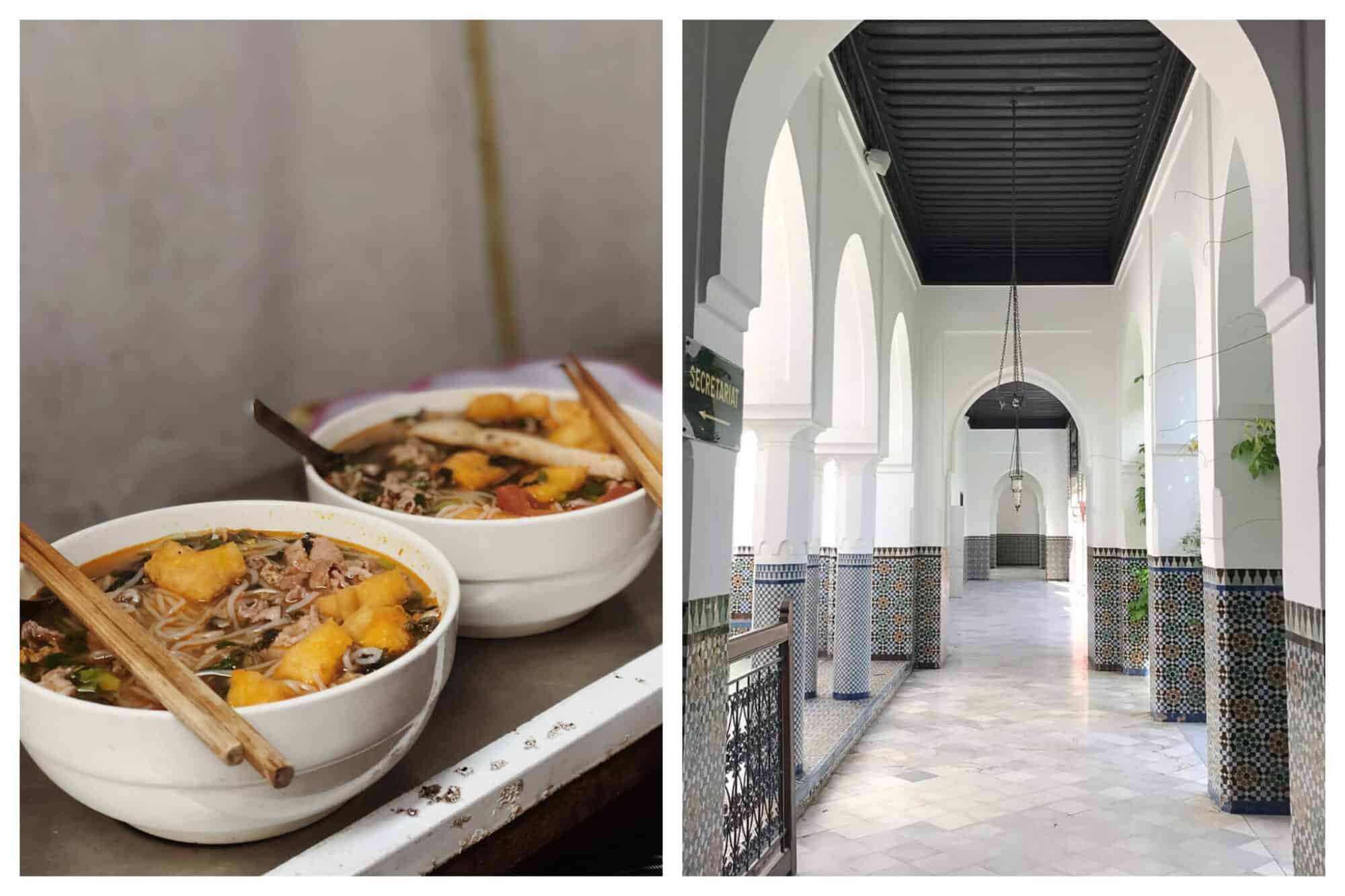 Left: Twopairs of chopsticks and two bowls of pho sit on a countertop in Paris 13th arrondissement, Right: The beautiful hallway, bright, white, and tiled, of the Grande Mosquée in Paris