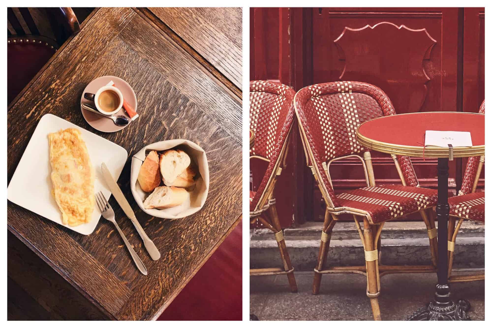 Left: An omelette, espresso and basket of bread sit atop a wooden table at Au Petite Suisse restaurant in Paris, Right: A red table and chairs sit in front of a red wall on a Parisian terrasse 
