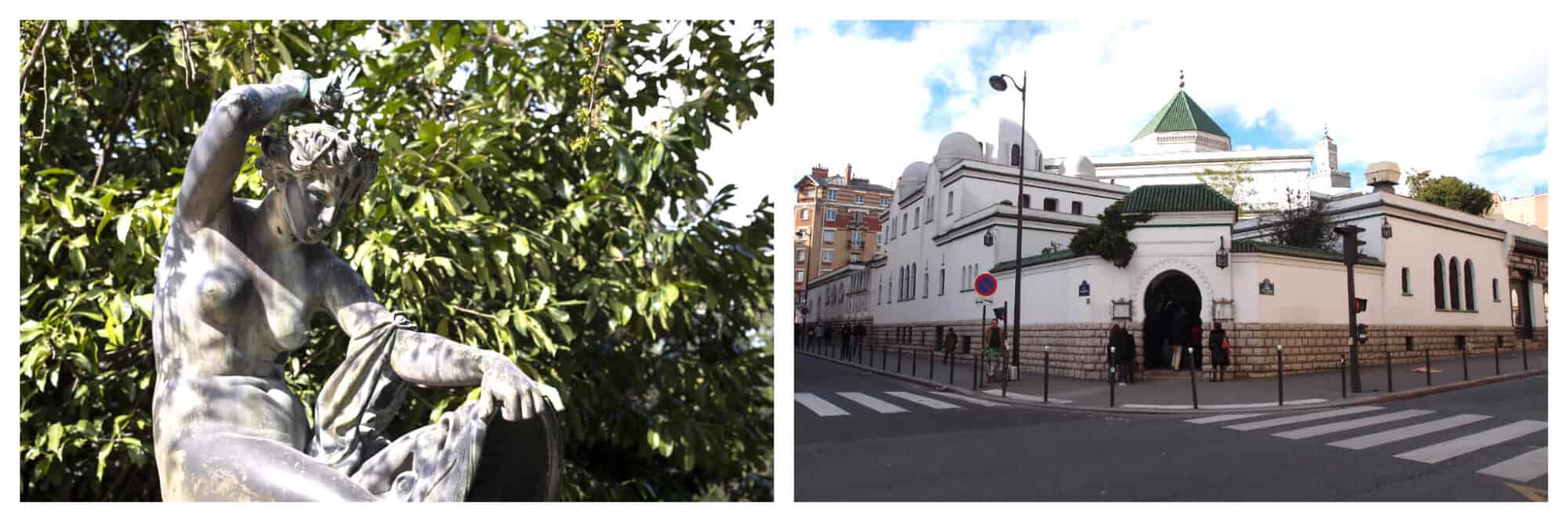 Left: A stone statue of a person with the shadows of leaves on it on a sunny day in the Jardin de Plantes in Paris, Right: The front of the Grande Mosquée de Paris on a sunny day