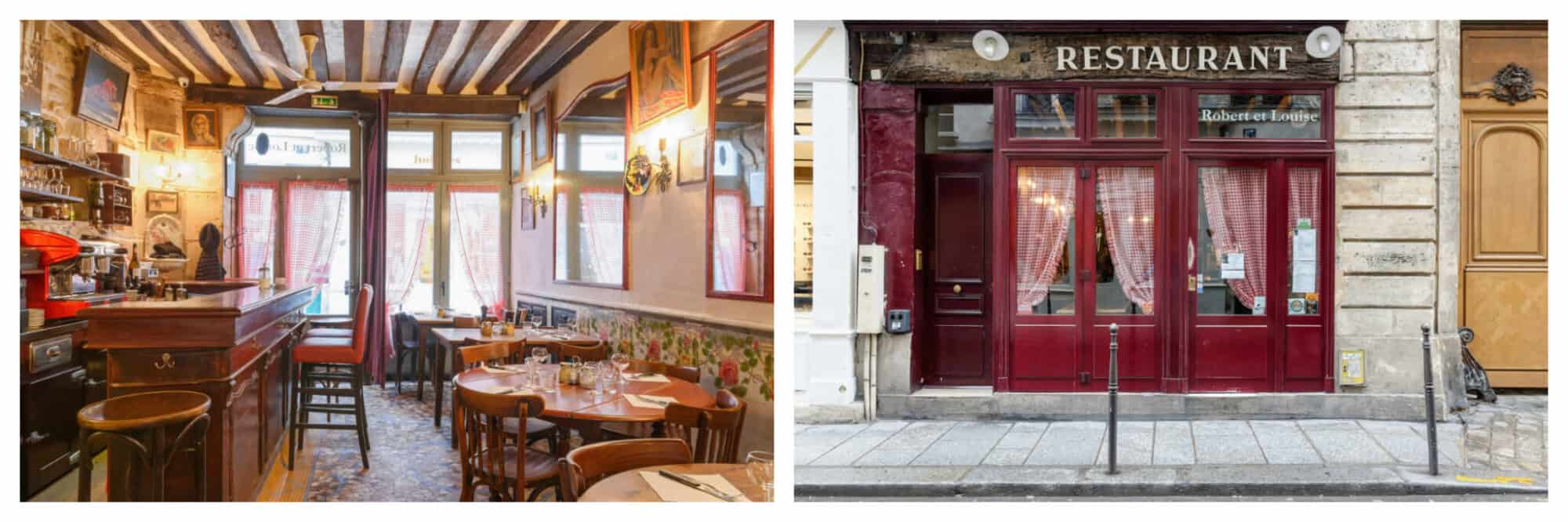 Left: The inside of the quaint Parisian café Robert et Louise in the Marais in Paris, Right: Left: The exterior of the quaint Parisian café Robert et Louise in the Marais in Paris