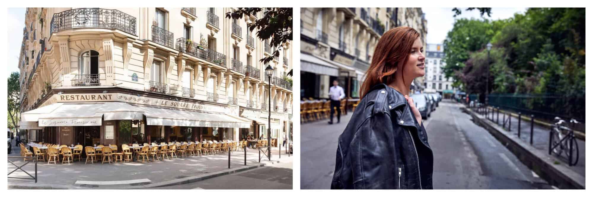 Left: Restaurant Square Trousseau near Square Trousseau in Paris on a sunny summer day, Right: A woman walks on the street next to Square Trousseau in Paris