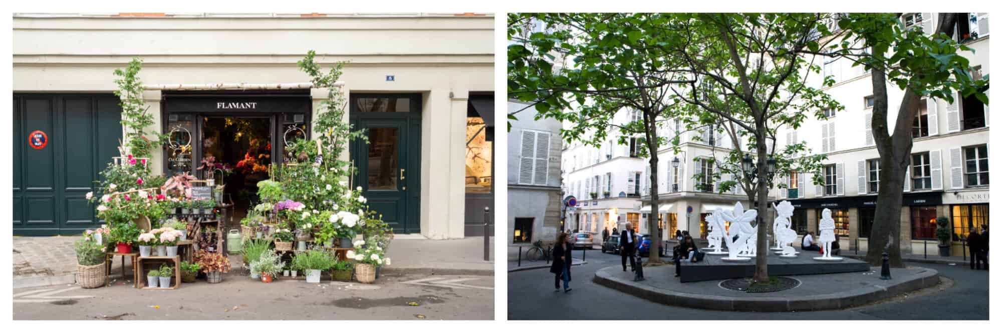 Left: A flower shop on the street in Paris' left bank near Square Paul-Langevin, right: Square Paul-Langevin on a spring day in Paris, with green leaves in the trees and people walking on the streets.