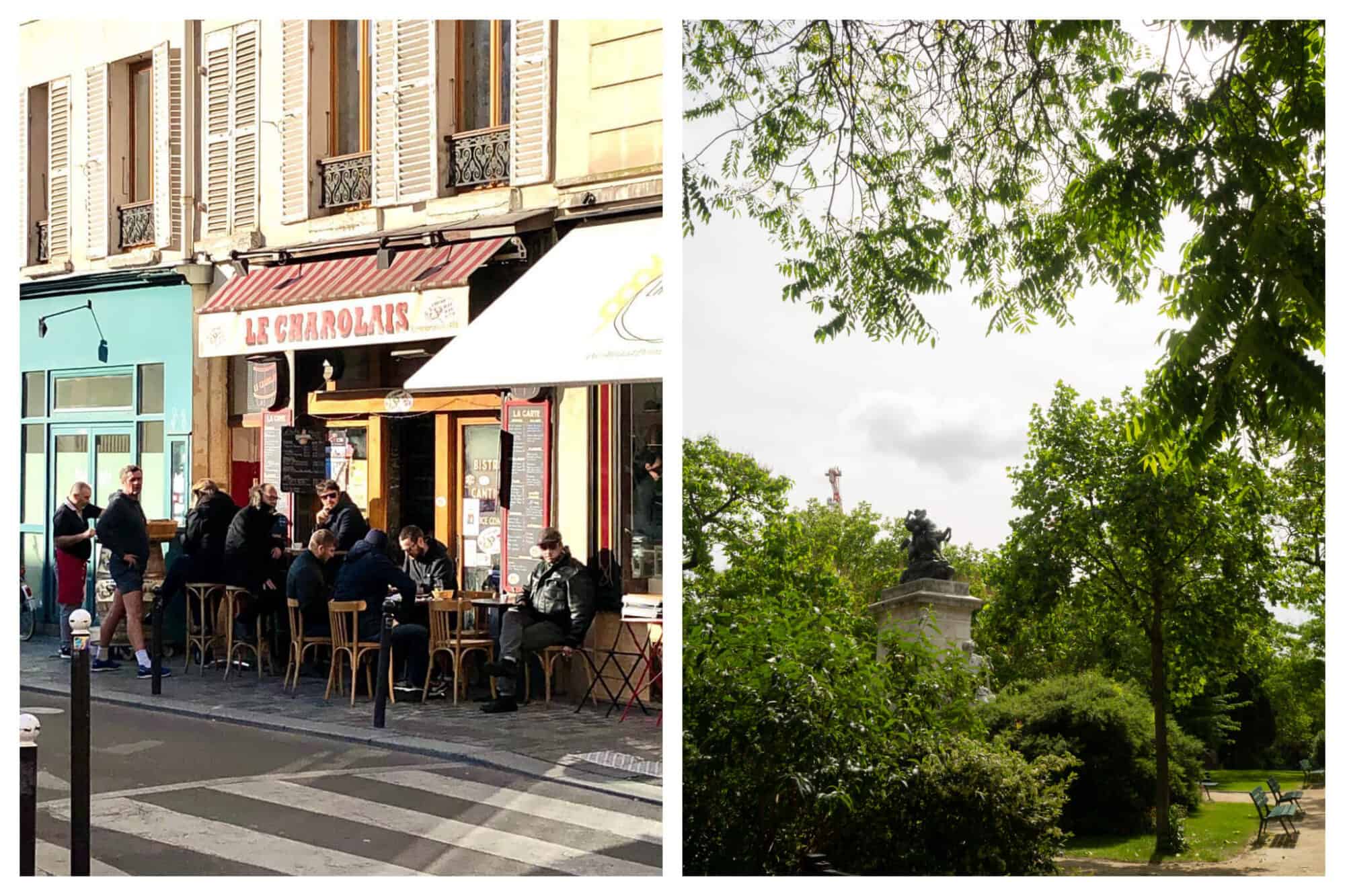 Left: A busy terrace filled with people at a Parisian bistro at the Place d'Aligre, Right: Trees and shrubbery are filled with bright green leaves on a summer day in a square in Paris