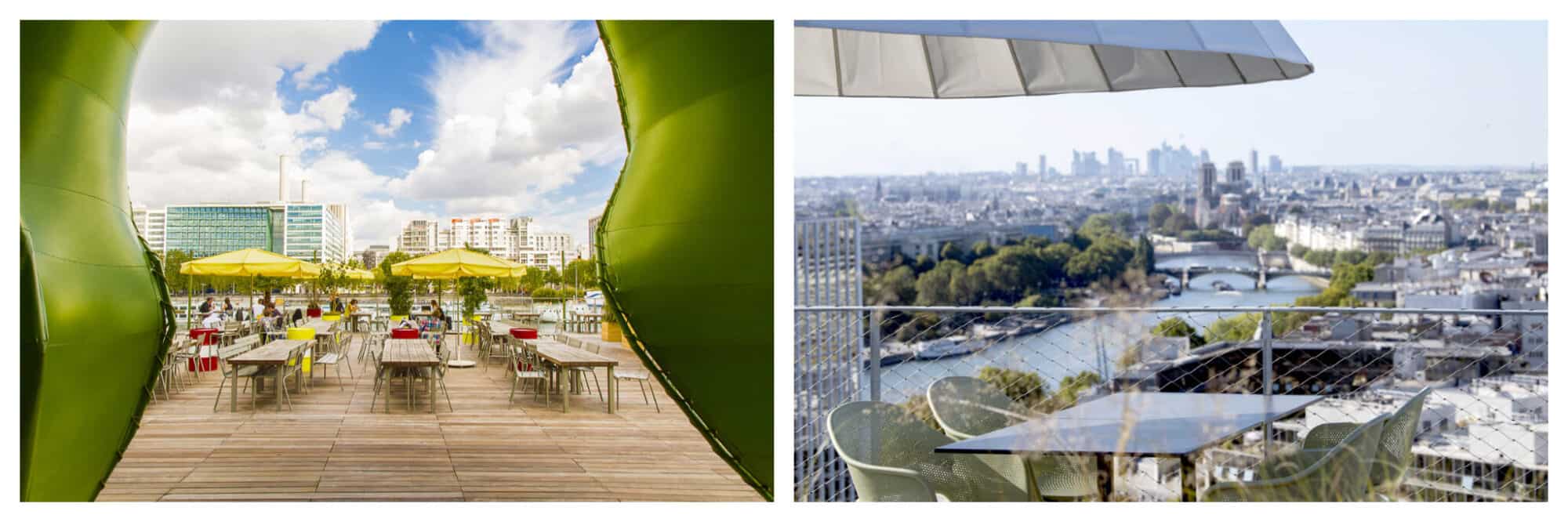 Left: the image is framed by a green, curved archway. It is the wooden terrace of Wanderlust Street Food. There are wooden tables and yellow umbrellas. You can see modern Paris buildings in the background. Right: A table and four chairs on a rooftop, underneath an umbrella, with a view of the Seine and Paris in the background. You can see La Defense in the distance.