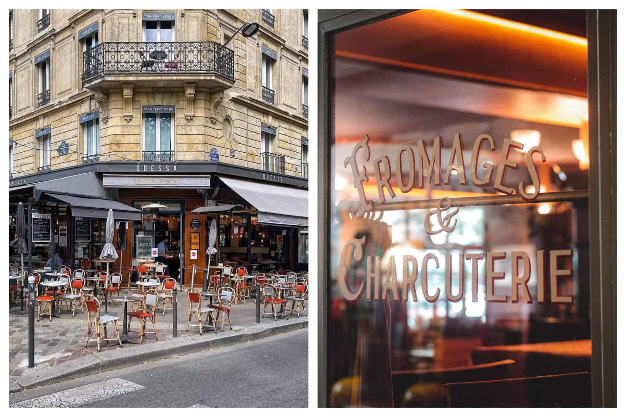 Left: Tables and chairs sit outside a restaurant in Paris to accommodate the new COVID-safe ways of eating, Right: "Fromages & Charcuterie" are painted on the window on the front of a restaurant