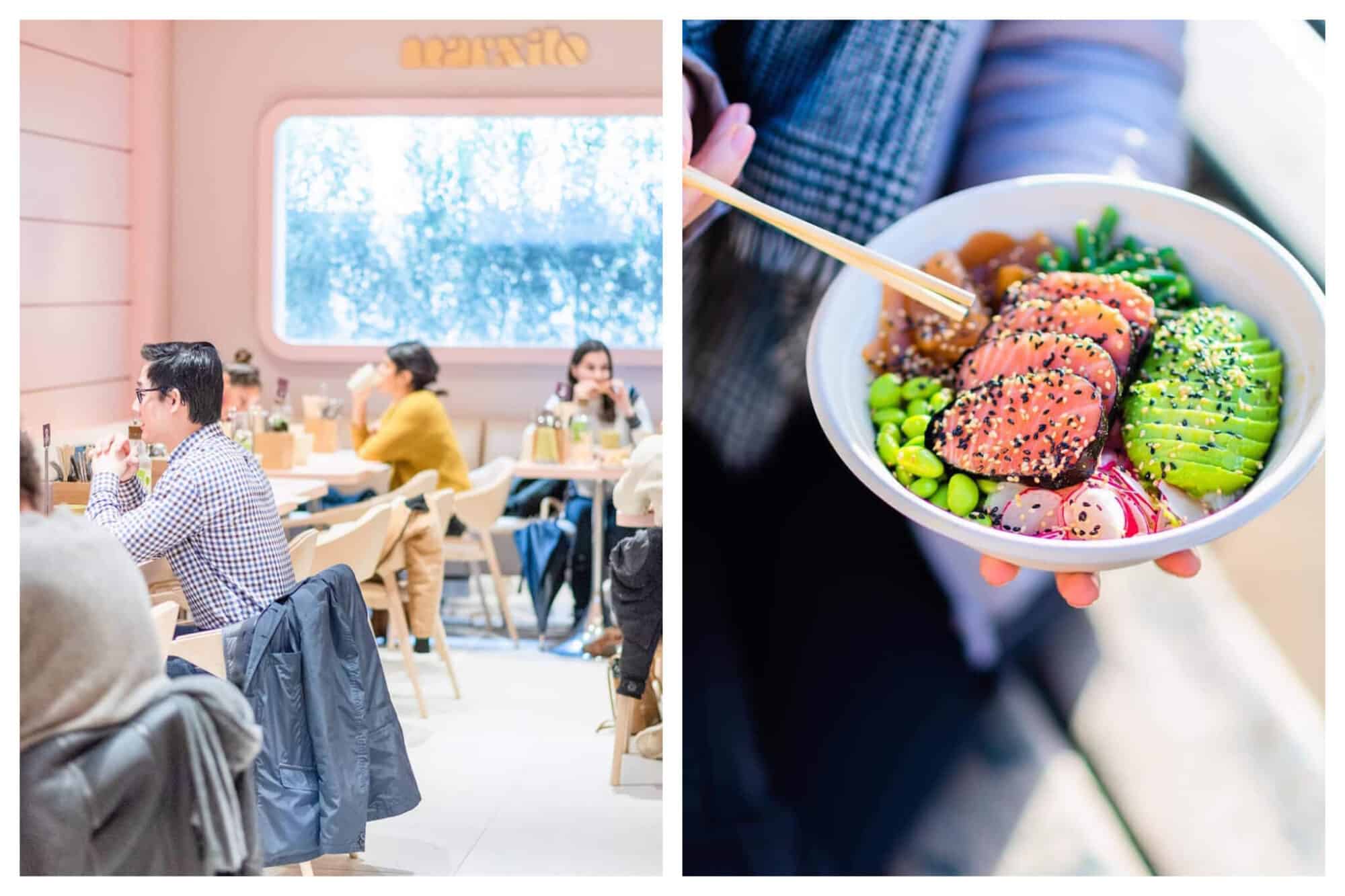 Left: The inside of Marxito restaurant near the Champs Elysées in Paris. The walls are a light baby pink, and people are seated for lunch at tables in the restaurant, Right: A poké bowl at Marxito, which includes salmon, avocado, edamame, radish, and various other produce items.