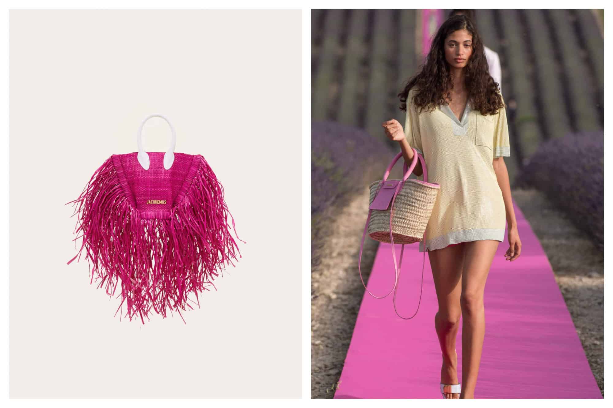 Left: A hot pink hand bag, with long tassels and a white handle from Jacquemus, Right: A woman in an oversized polo shirt walks down a pink runway through a lavender field during a fashion show for Jacquemus. She holds a wicker bag with pink detailing from the designer. 