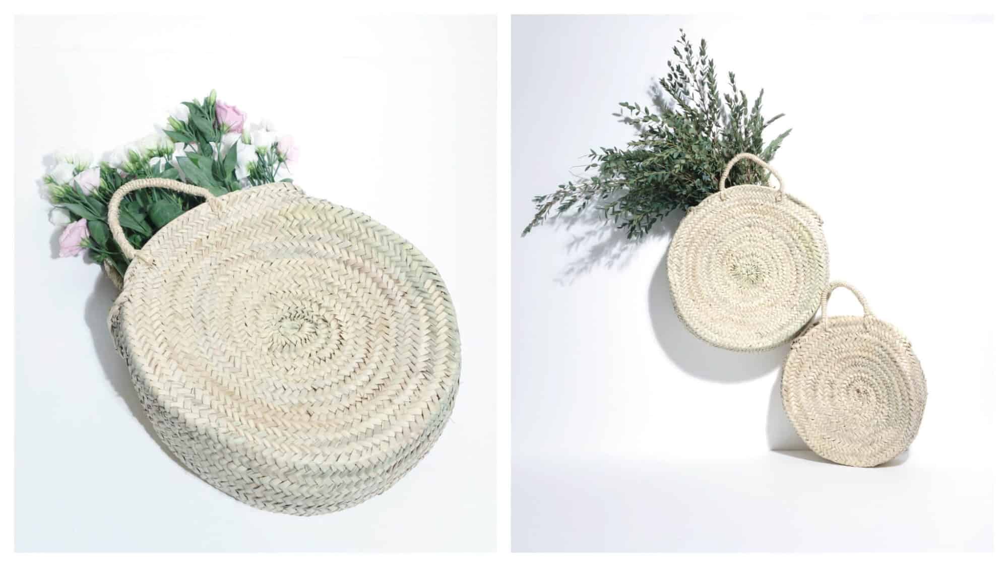Left: A circular wicker handbag with small straps from the brand Sook Paris sits on a white surface. Pink and white flowers can be seen peaking out of the bag. Right: Two circular wicker handbags from Sook Paris are stacked atop each other, the one on top filled with flowers and greenery.