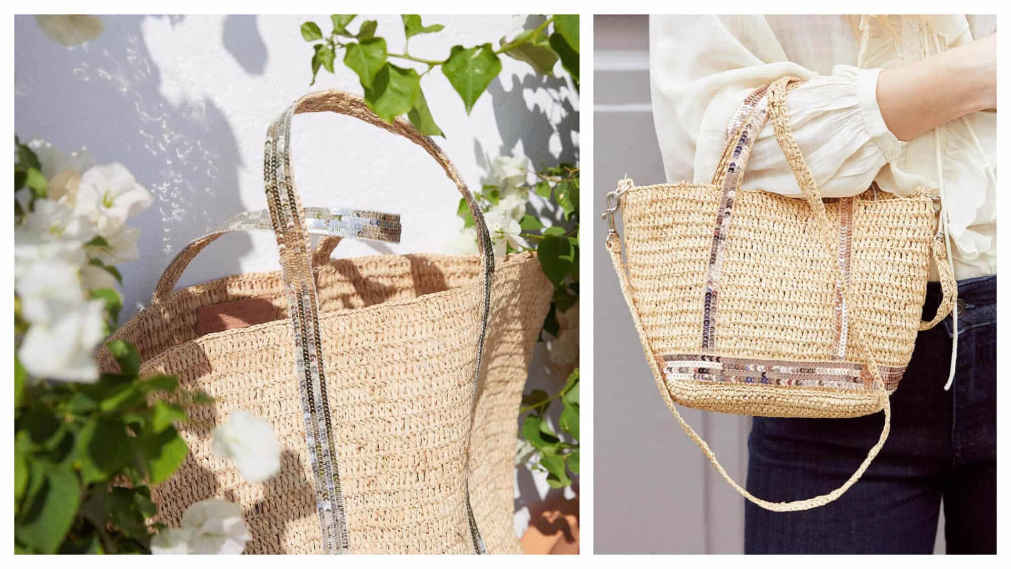 Left: A light wicker summer bag from Vanessa Bruno sits in the sun between two rose bushes, which have green leaves and white roses, Right: A woman wearing a white top and jeans holds a cute wicker summer bag from Vanessa Bruno.