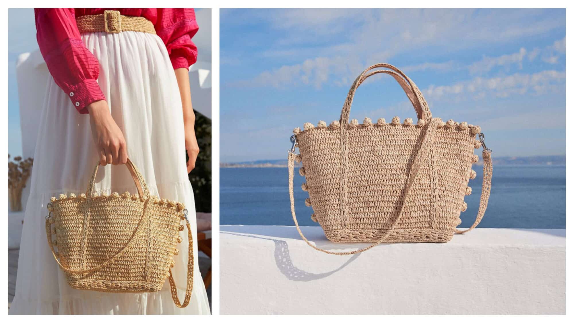 Left: A woman in a pink blouse and white skirt holds a summer handbag from Vanessa Bruno. Her wicker belt matches the material of the bag, Right: The same summer bag, pictured left, from Vanessa Bruno sits on a white ledge with blue ocean and sky in the background.