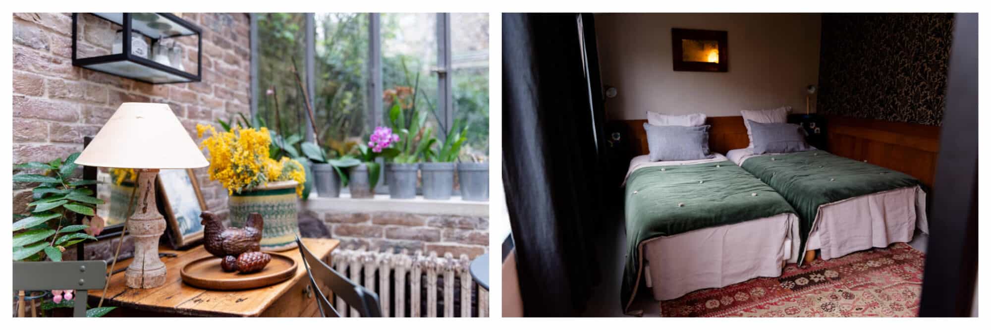 Left: Assorted items sit on a small wooden table, including a lamp and vase of yellow flowers. To the right is a windowsill lined with potted plants, Right: Two beds, decorated with gray pillows and green blankets, sit side-by-side at Le 66 in Paris.