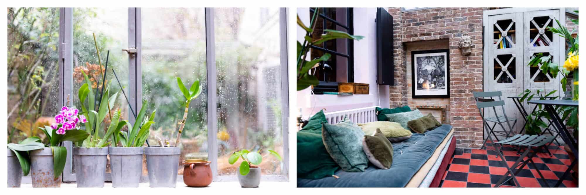 Left: Potted plants line a windowsill at Treize au Jardin in Paris' Latin Quarter, Right: A green bench lined with pillows sits in a room with brick walls and red and black tiled floors at Le 66