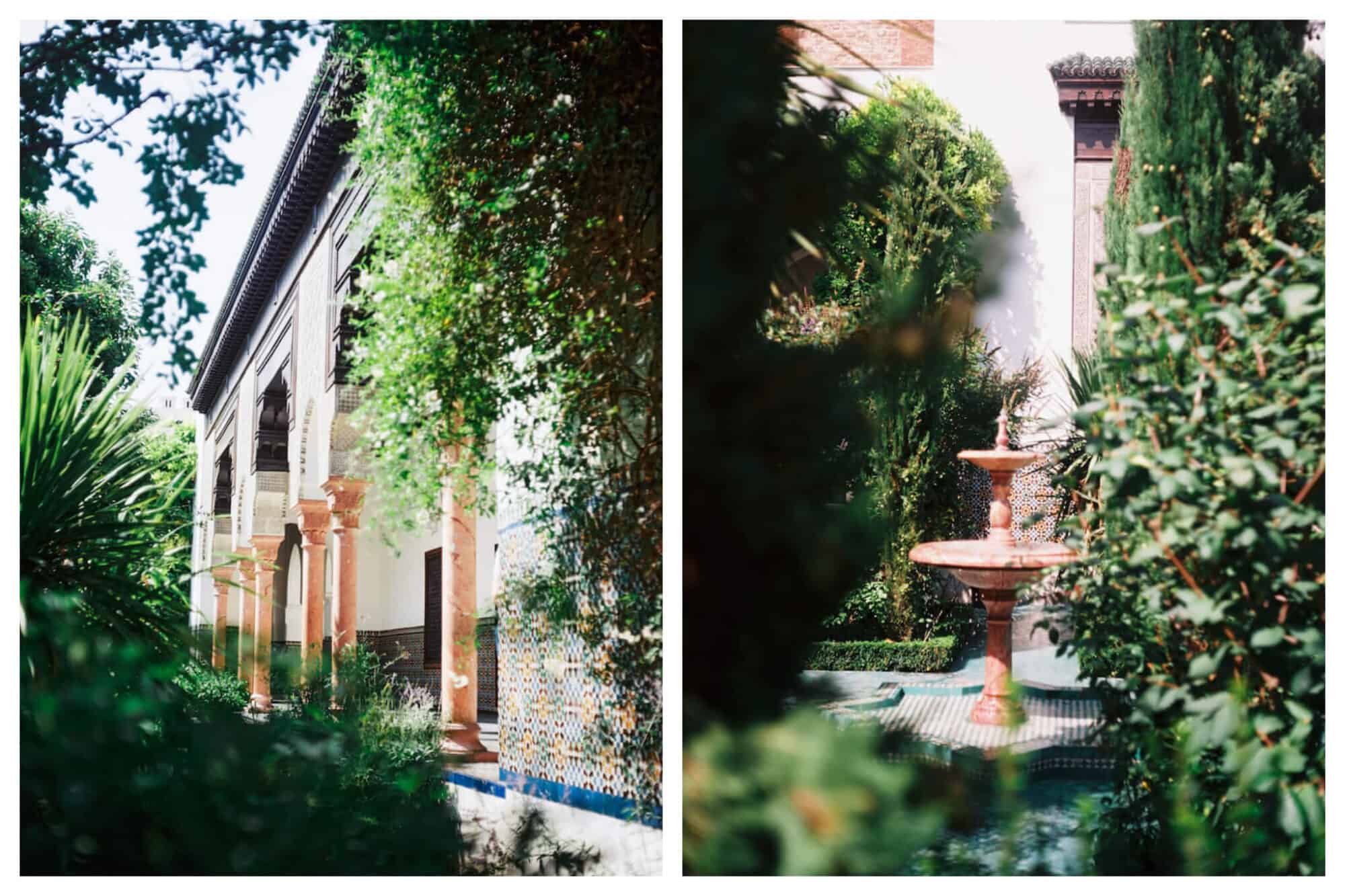 The beautiful Grande Mosquée de Paris, white and tiled, shines between plants on a sunny afternoon in Paris.