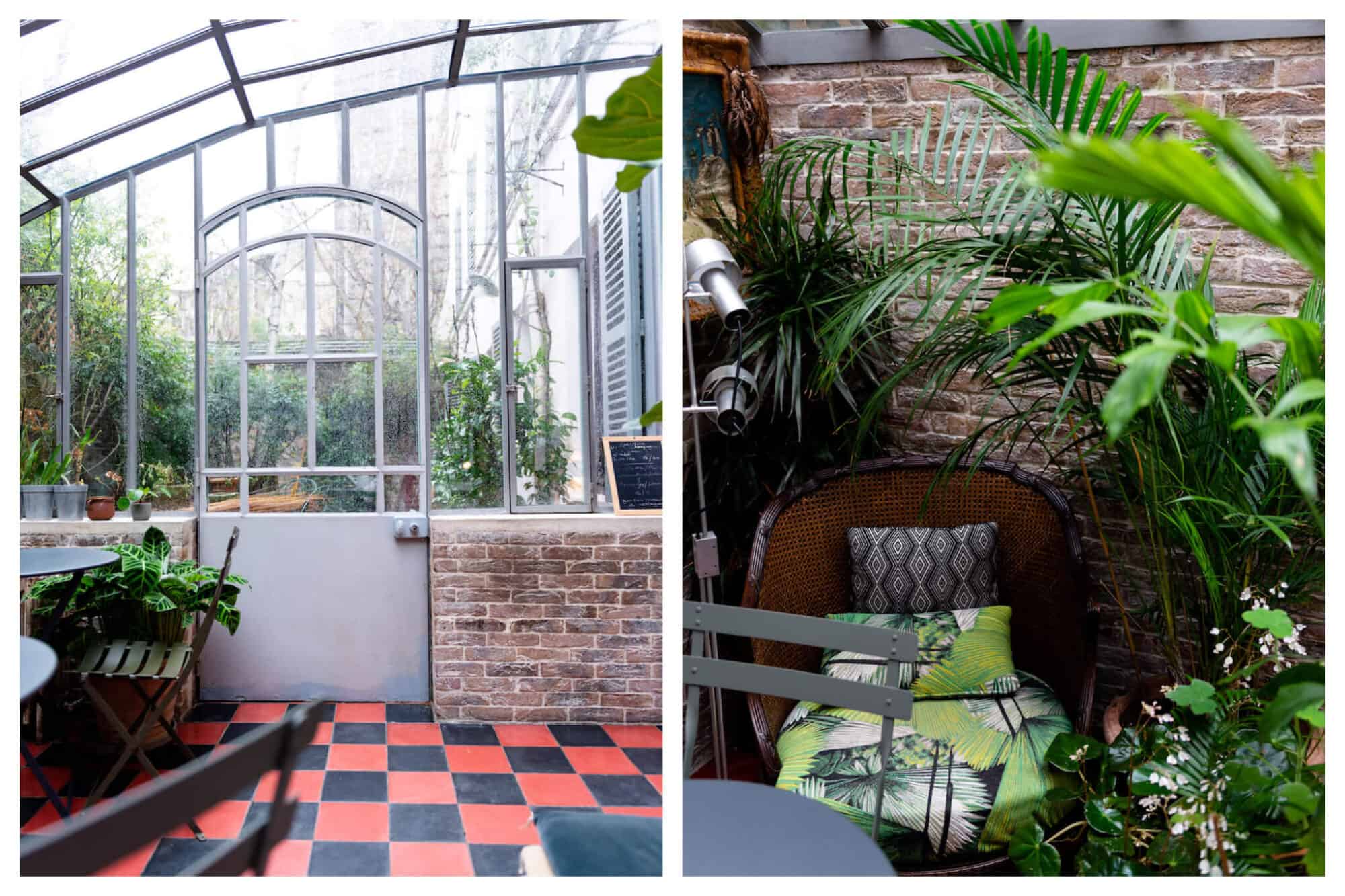 Treize au Jardin restaurant and cafe, filled with bright patterns and colorful plants.