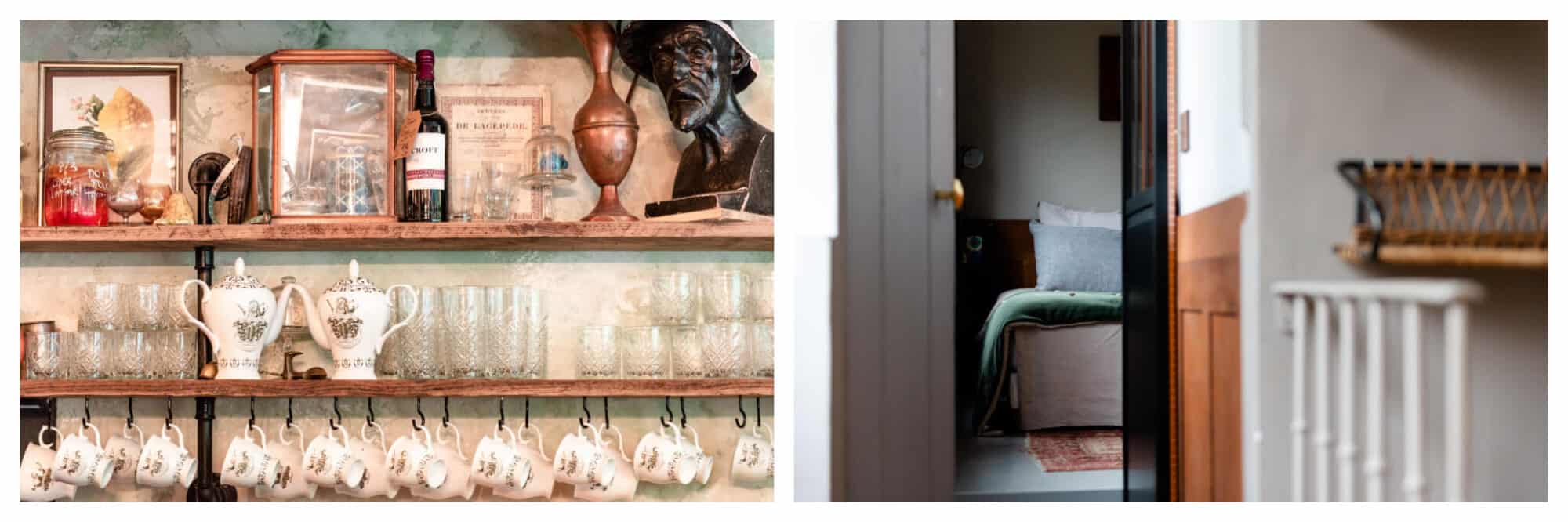 Left: An assortment of teacups and glass cups, along with various randomized items, sit on wooden shelves at Treize au Jardin, Right: An open door at the end of a hallway at Le 66 peaks into a bedroom