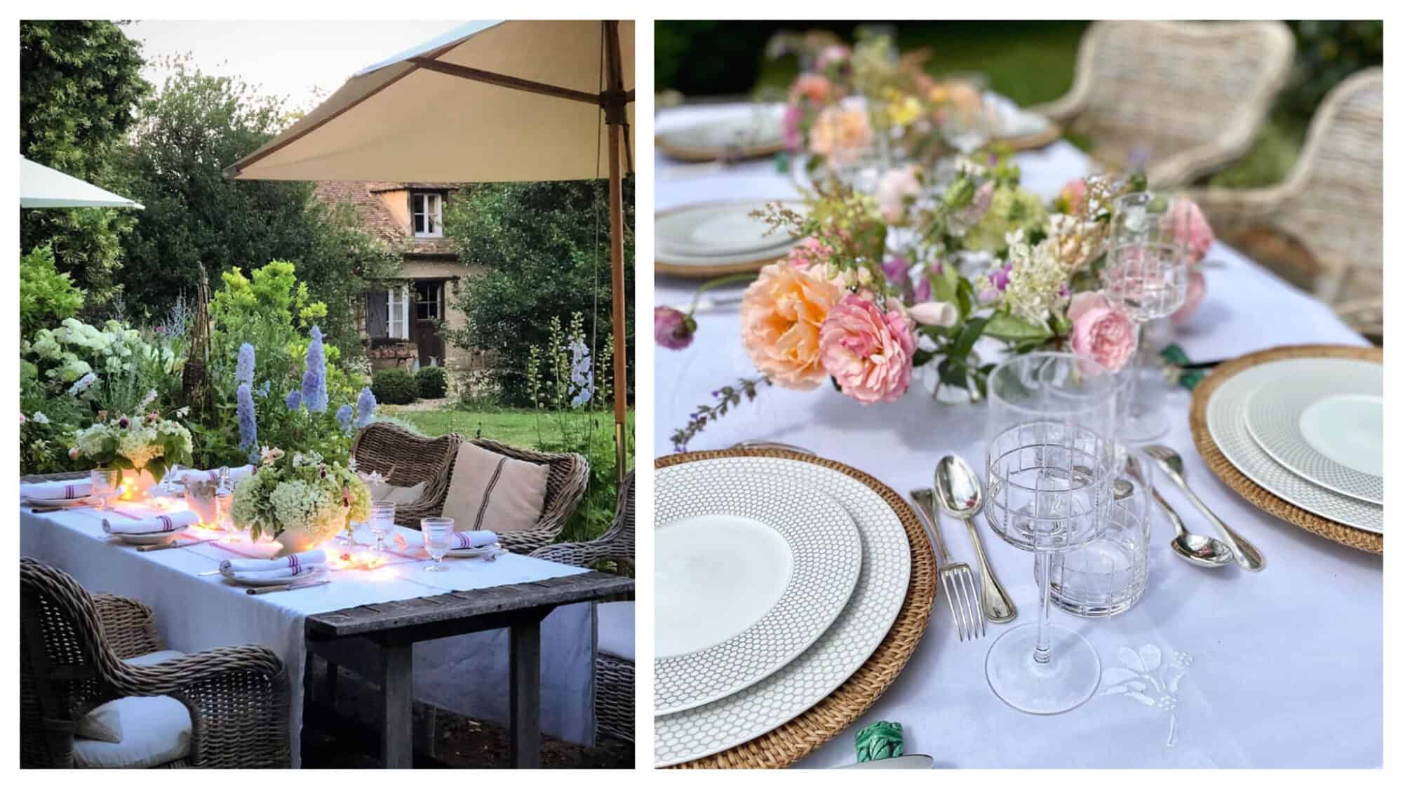 Left, a table set up for dinner in the garden in Normandy. Right, a beautifully laid table ready for dinner in a garden in Normandy.