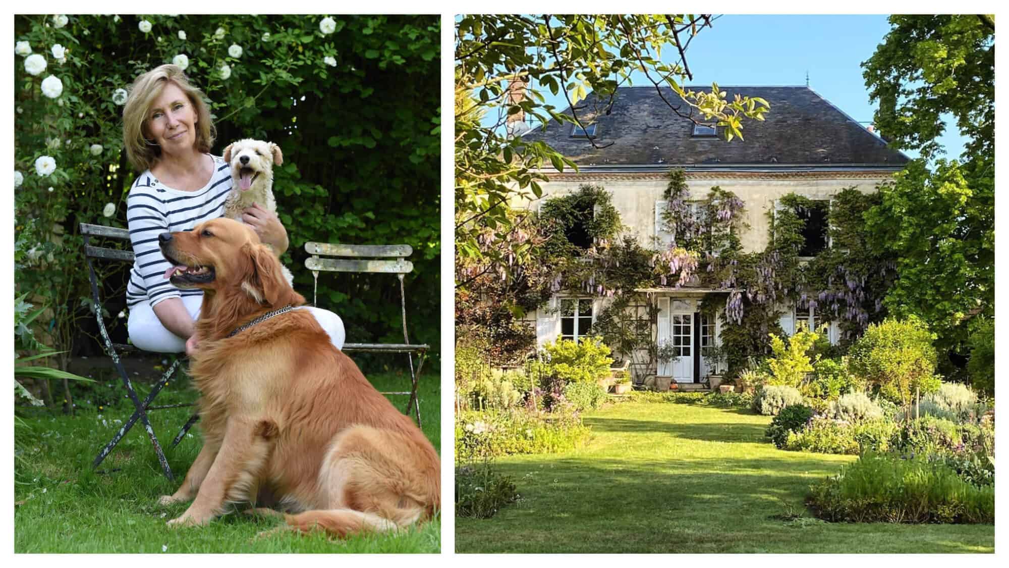 Left, Sharon Santoni and her two dogs out in the garden. Right: a magical Normandy home draped in flowers and plants.