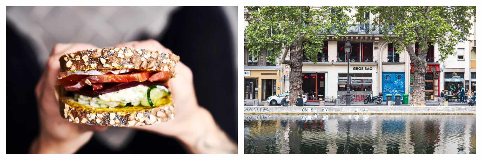 Left: A person holds a sandwich stuffed with vegetables from Back in Black, Right: The exterior of Grand Bao, which sits just next to the Canal St. Martin. 