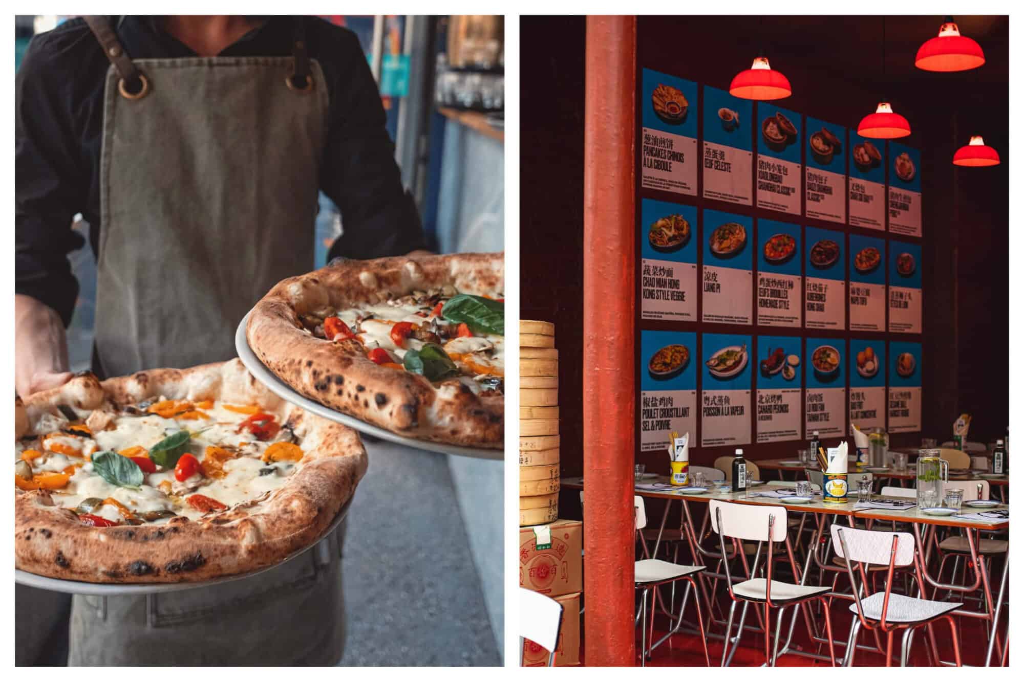 Left: A waiter carries two freshly cooked pizzas to a table at Iovine's restaurant, Right: The interior of Grand Bao, with posters on the wall and white chairs lining a long table.