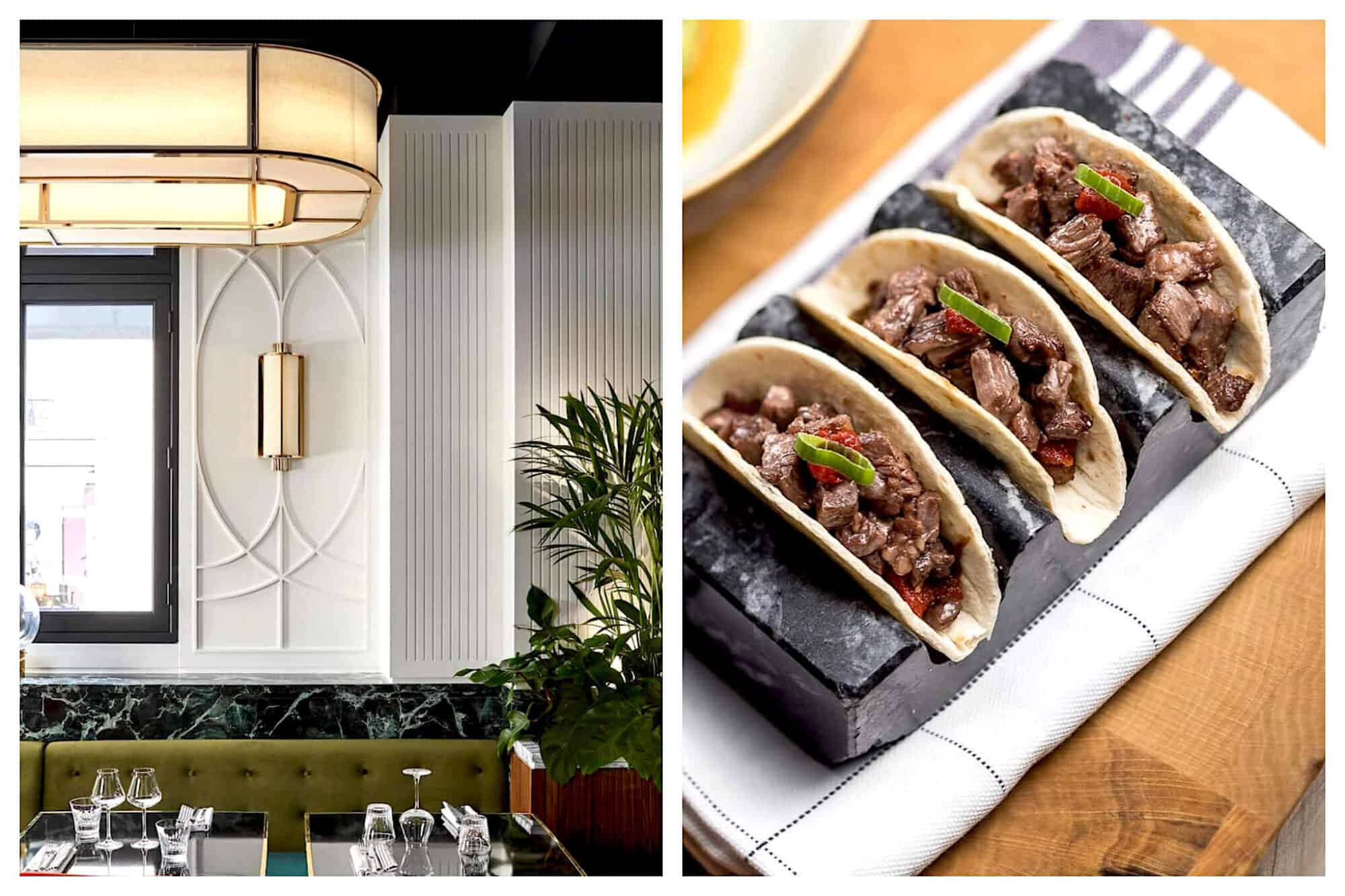 Left: The inside of Beefbar restaurant near the Champs Elysées in Paris. The interior has white walls, large green booth seating, modern lights and green plants, Right: Three beef tacos at Beefbar in Paris sit on a slab of marble