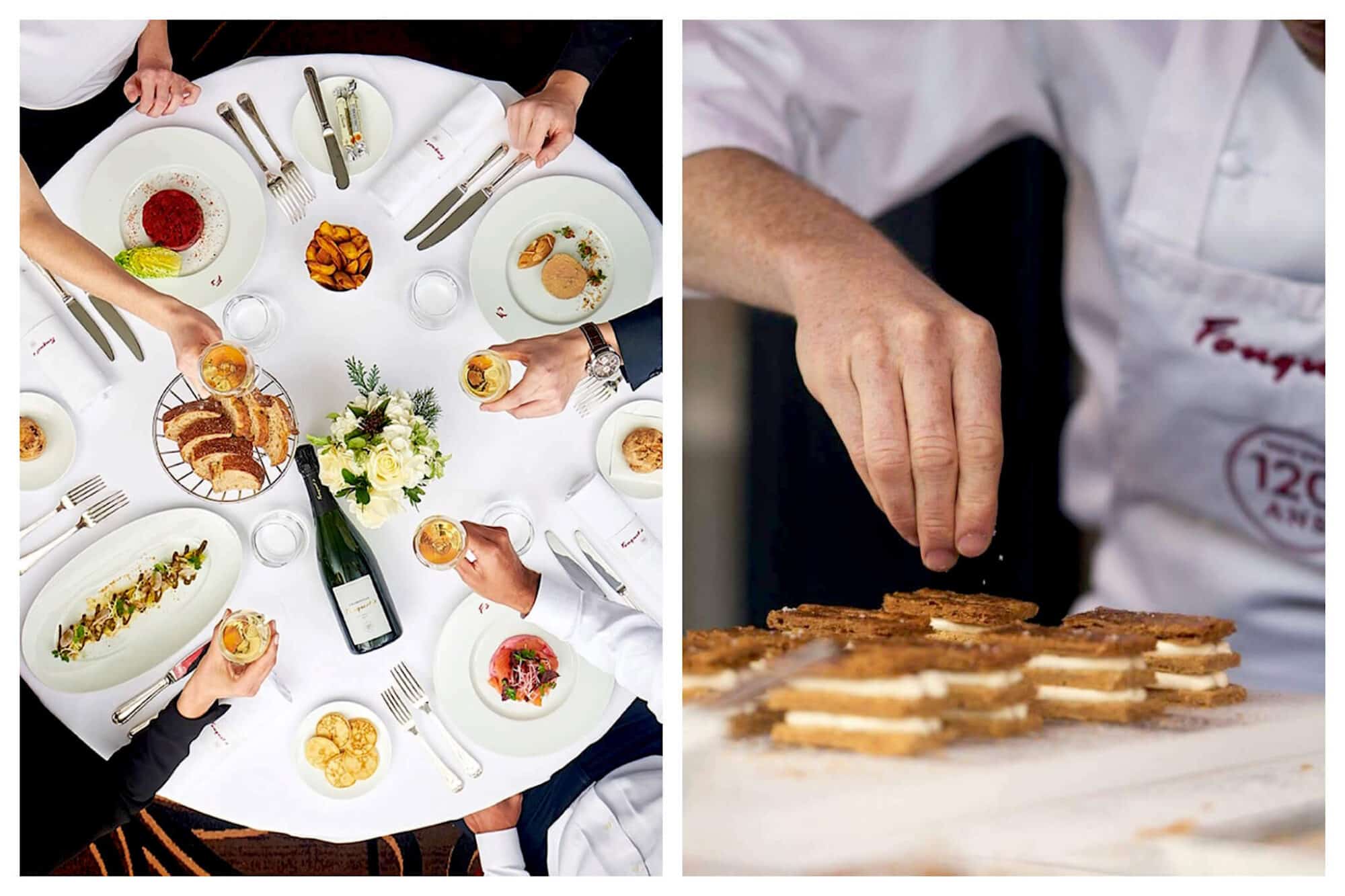 Left: An overhead shot of a group of people sharing a meal at Fouquet's in Paris. On the table are various plates of food, an arrangement of flowers, silverware and a bottle and glasses of wine, Right: A pastry chef at Fouquet's restaurant sprinkles an unidentifiable food atop pastries. 