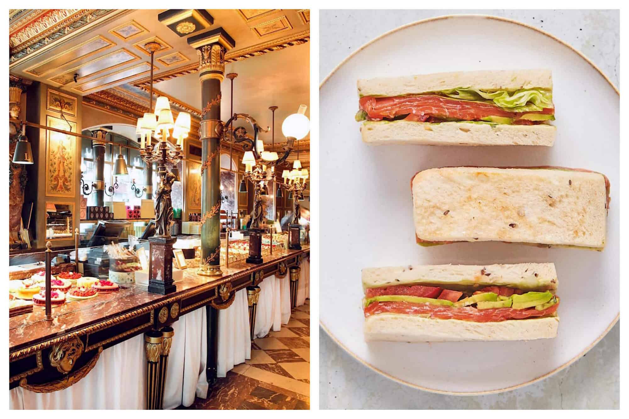 Left: Inside the Ladurée restaurant and store on the Champs Elysées. The inside is decorated with beautiful marble and bright lights, Right: Salmon and avocado sandwiches are lined up on a flat white plate at Ladurée.