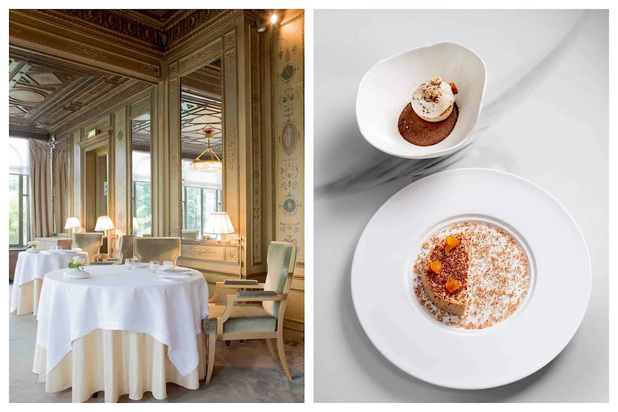 Left: The inside of Pavyllon restaurant on the Champs Elysées. Large mirrors are hung on the walls, and large circular tables are covered with tablecloths, Right: A bowl and plate of desserts sit side by side at Pavyllon restaurant