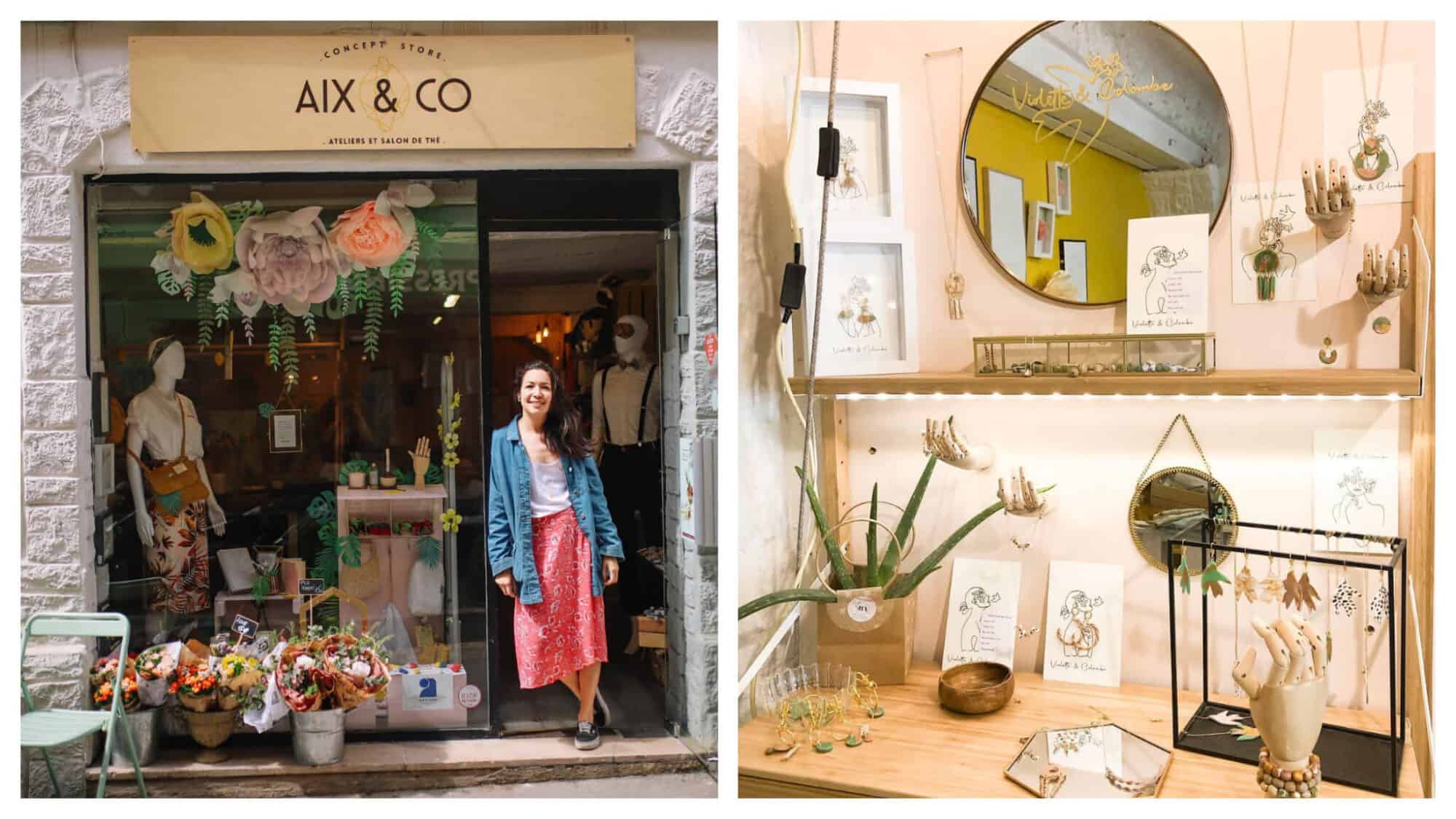 Left: A woman in a red skirt, white shirt and denim jacket stands outside Aix & Co, a concept store in Aix-en-Provence, Right: A display of jewelry  from Violette & Colombe sits on display at Aix & Co concept store in Aix-en-Provence