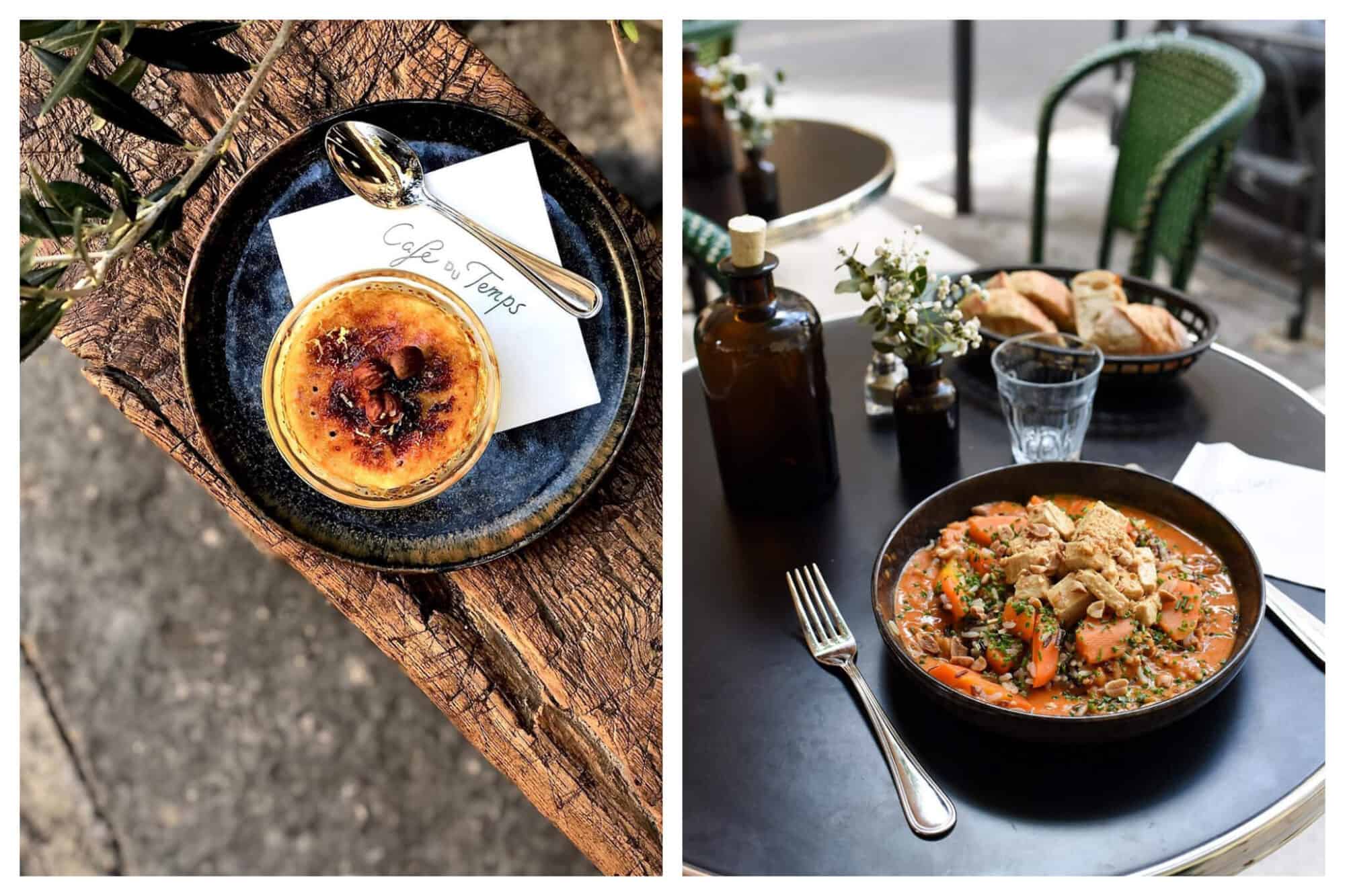 Left: An overhead shot of a delicious crème catalane sitting on a plate and a napkin printed with the name of the restaurant, Café du Temps, Right: A bowl of salade de lentilles du puy sits on a table with a basket of bread and vase of flowers at Café du Temps in Aix-en-Provence 