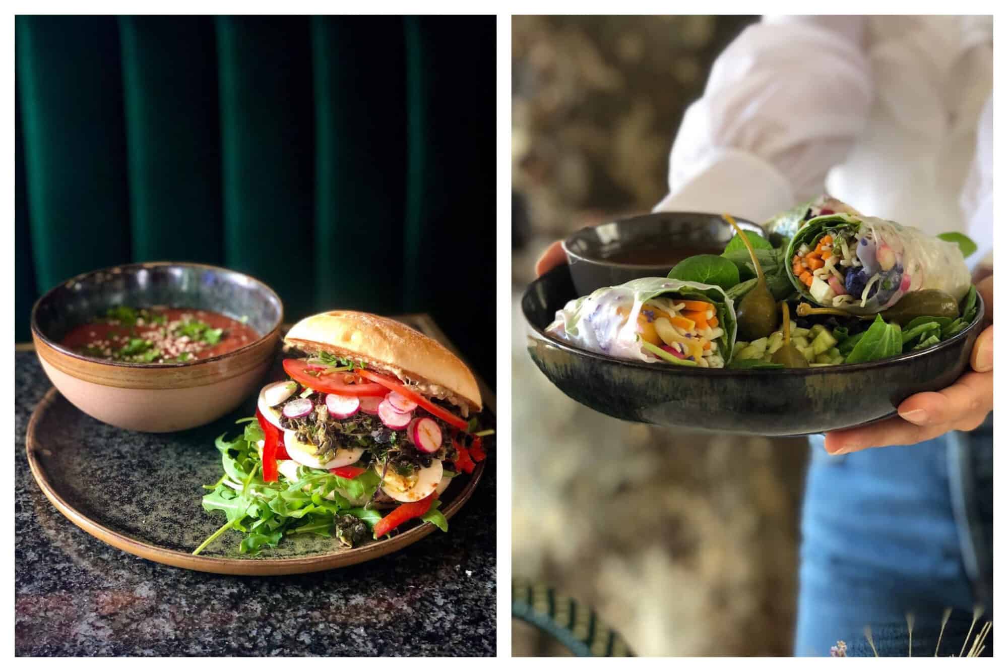 Left: A large plate of fricassé tunisien et chorba froide (Tunisian fricassee and cold chorba) sits on a table in front of a velvet booth at Café du Temps, Right: A person in blue jeans and a white shirt holds a large bowl of rouleau de printemps à la pêche, sauce façon umeboshi (peach spring rolls with umeboshi sauce) at Café du Temps 