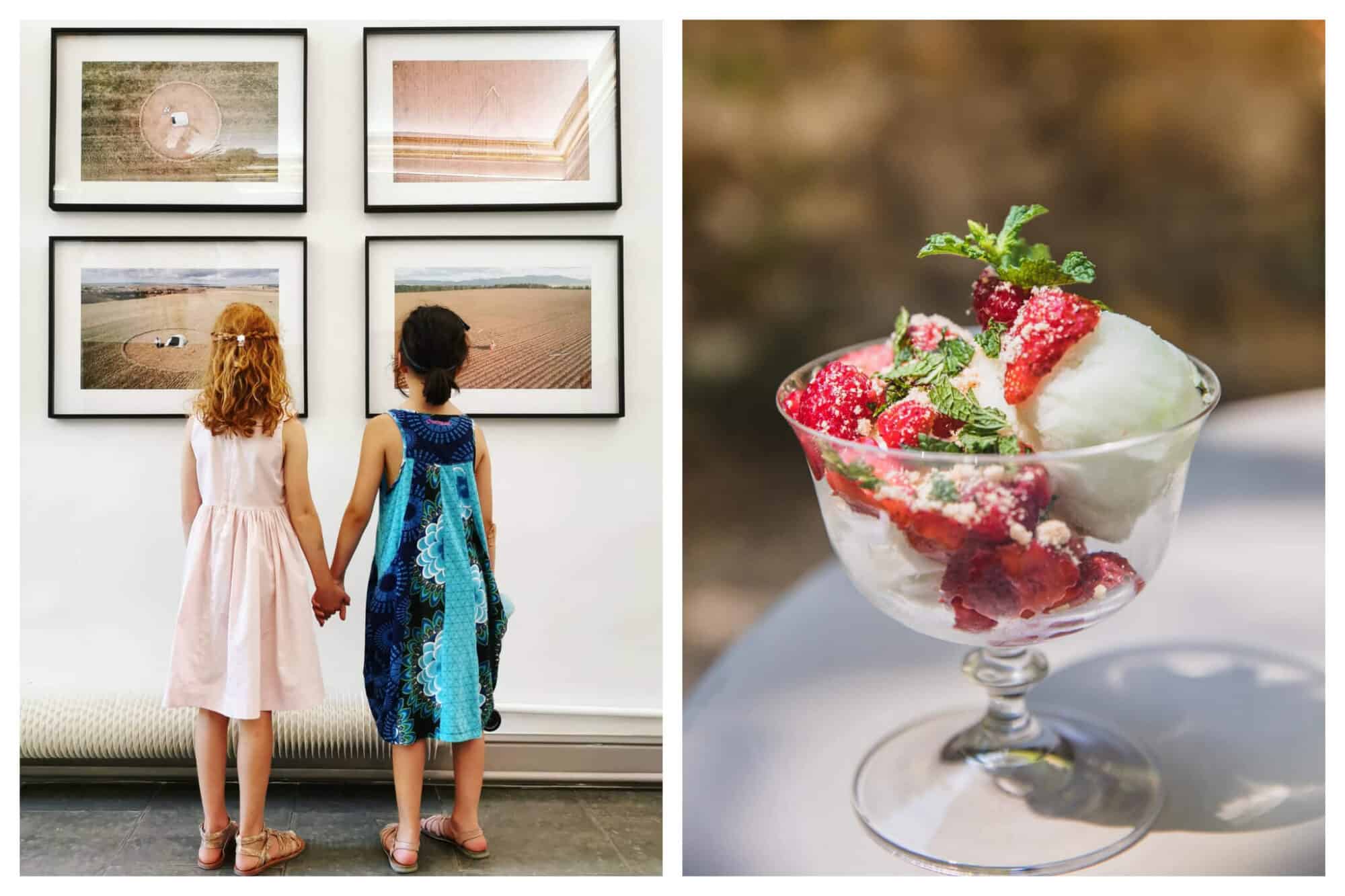 Left: Two girls hold hands while looking at art in the culture space of the Hôtel de Gallifet, Right: A refreshing bowl of strawberries and vanilla ice cream sits on a table at the Hôtel de Gallifet