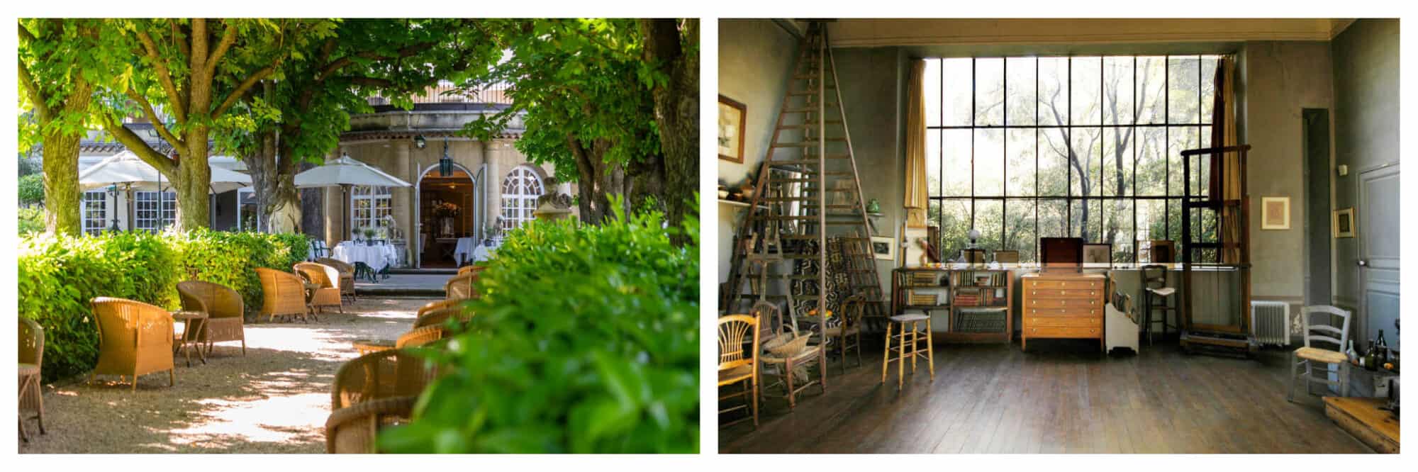 Left: Whicker chairs line a path outside the hotel Le Pigonnet in Aix-en-Provence on a sunny day, Right: Inside the Atelier de Cézanne in Aix-en-Provence