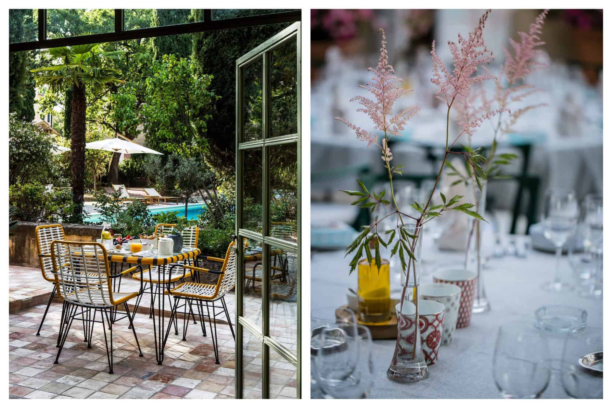 Left: A table is set for breakfast on the beautiful outdoor patio at Le Pigonnet hotel, with a view of the pool behind it, Right: A table is set with tableware and vases of pink flowers at Le Pigonnet
