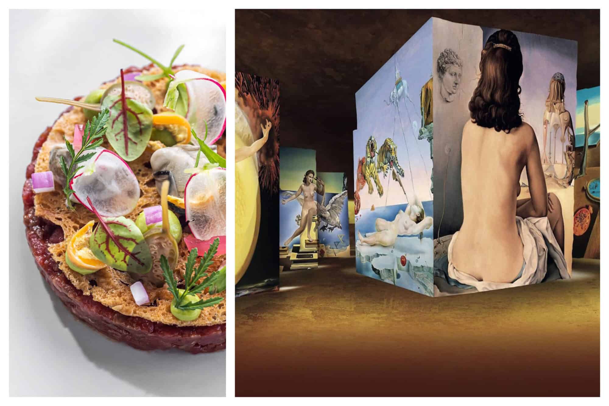 Left: A beautifully plated dish at the Micheling-starred L'Oustau de Baumanière, Right: Art is projected onto the walls of the Cerrières de Lumières art space in Arles.
