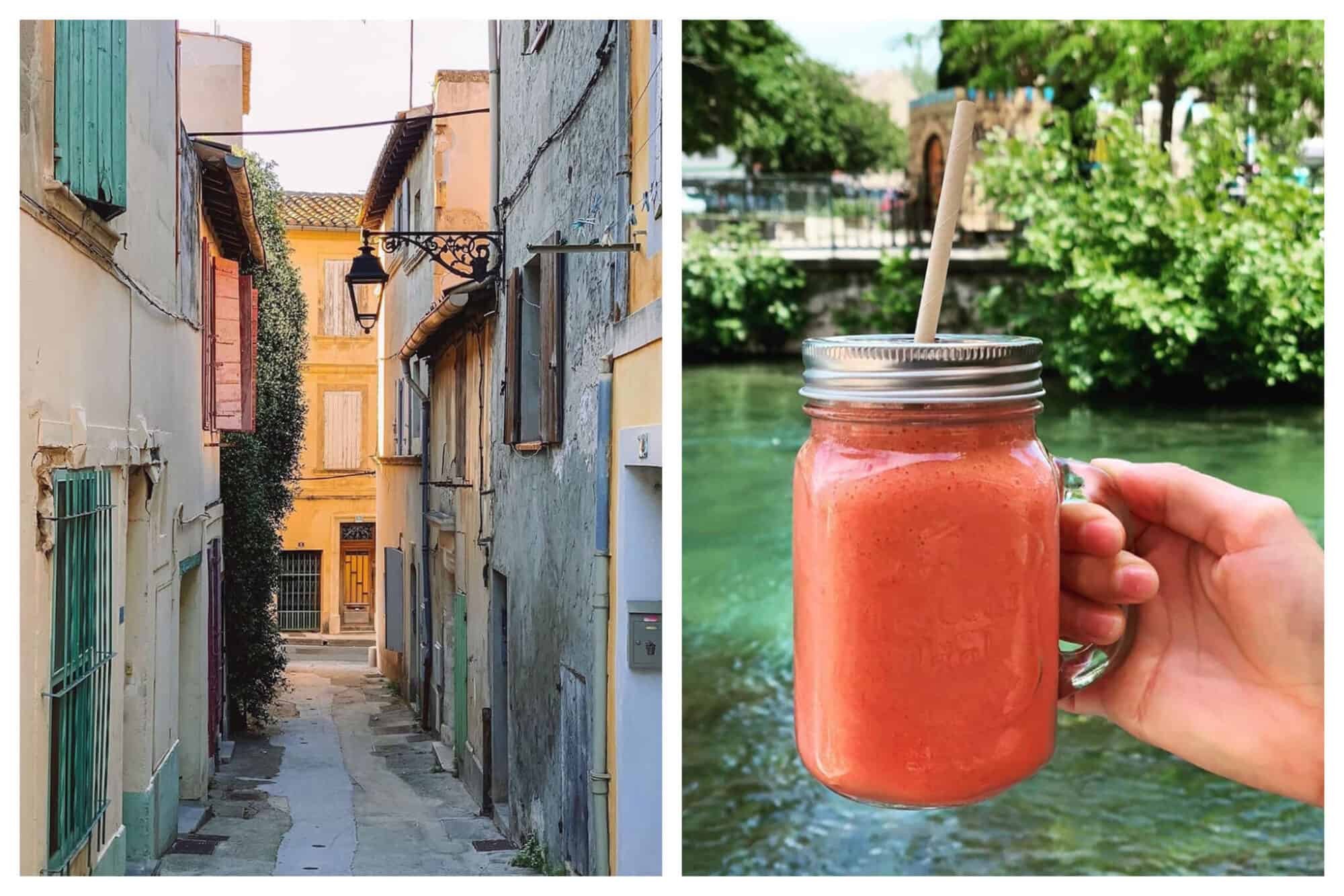 Left: An empty street in the quaint town of Arles at sunset, the light showing the bright colors of the southern town, Right: A person holds a fresh fruit smoothie from Glacier Areltais in Arles in front of a river. 