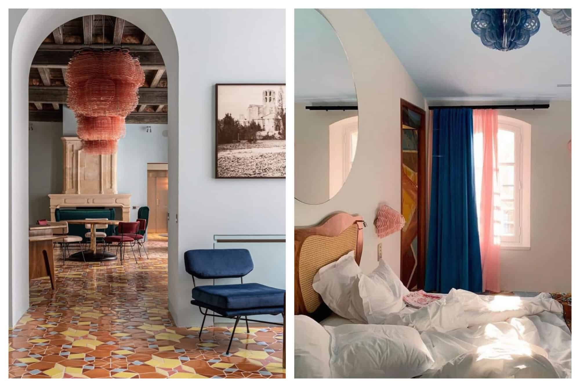 Interior shots of the beautifully decorated and designed L'Arlatan in Arles, complete with a light blue, pink, white and orange color scheme.
