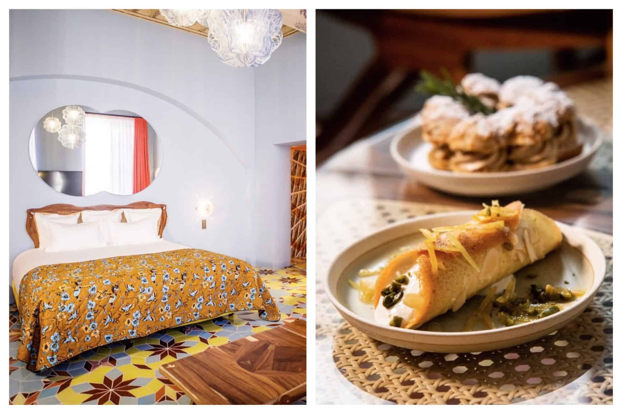Left: A beautifully decorated room at the L'Arlatan, styled with bright colors and patterns, Right: Inviting plates of food sit atop a table at one of the delicious restaurants at L'Arlatan in Arles. 