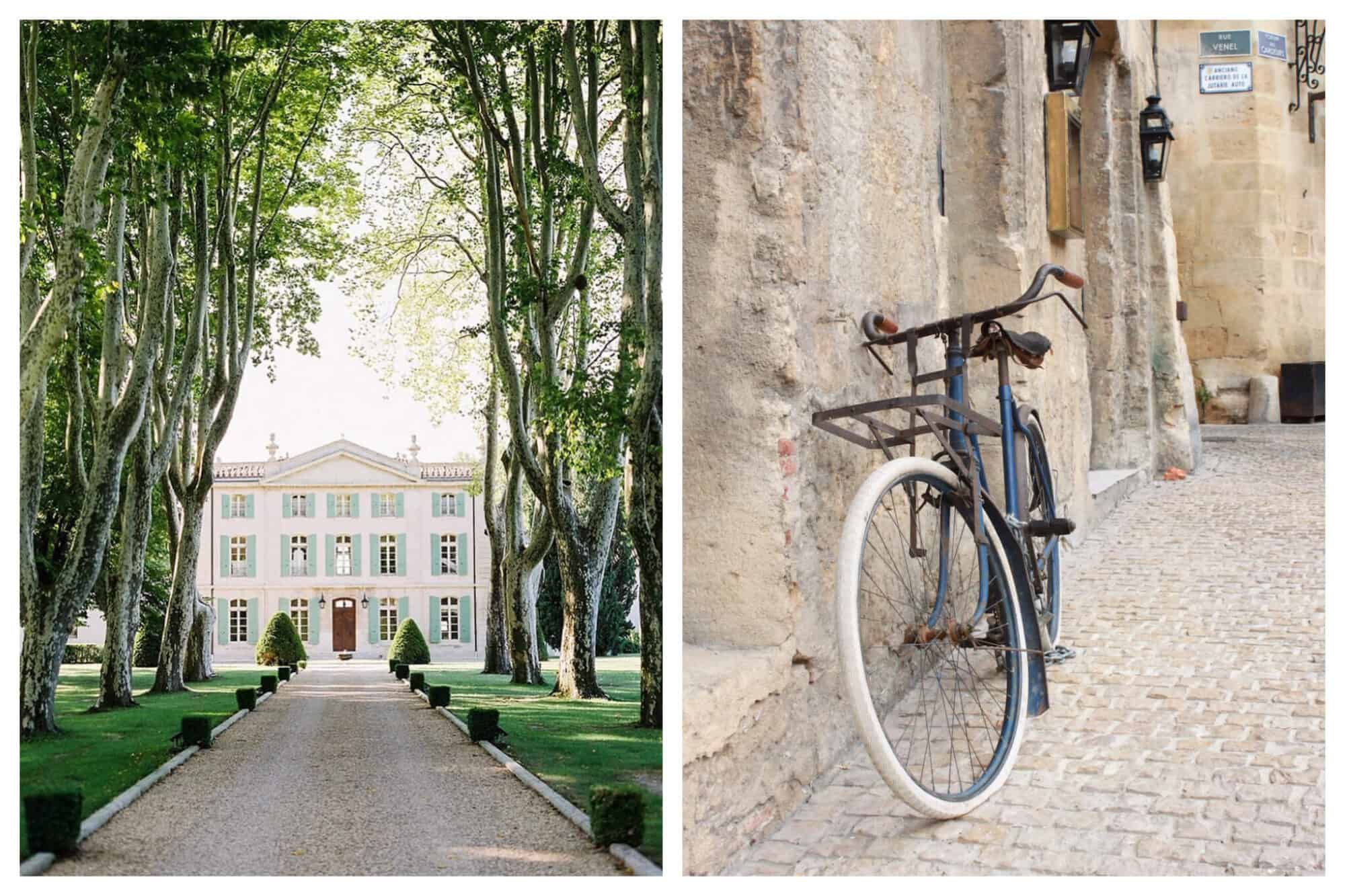 Left: A grand, old building stands at the end of a long driveway, lined with grass and tress near Arles, Right: A blue bike leans against a stone wall in the old-but-beautiful town of Arles. 